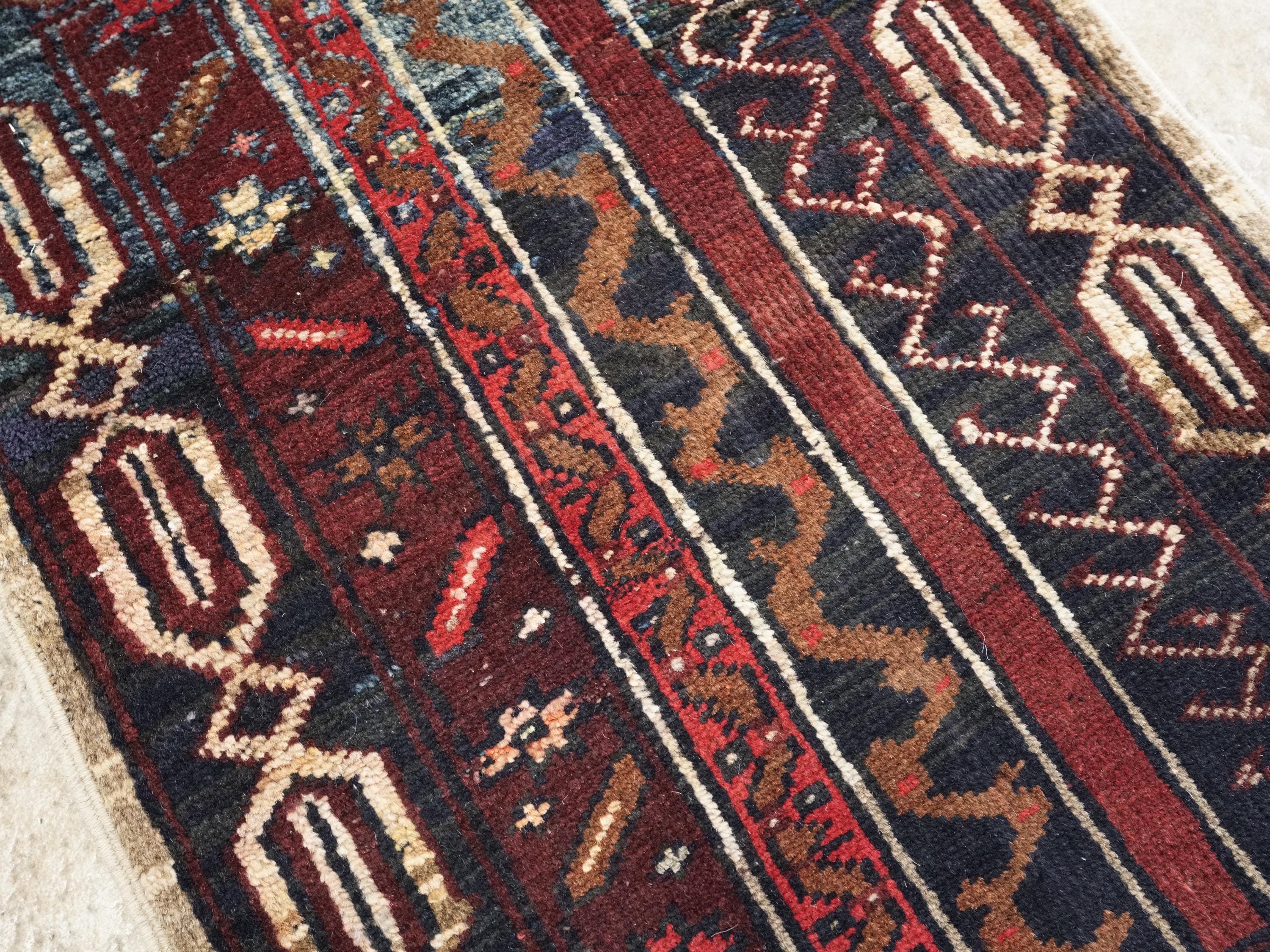 1x2 Ft Hand Knotted Heriz Rug - Black & Red Afghan Wool Accent Rug