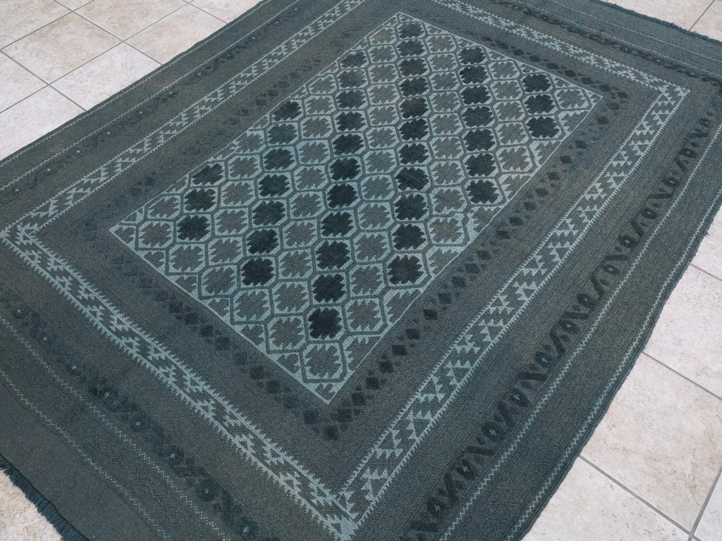 Vintage Tribal Kilim Rug: 6x8 Blue Hand-Knotted Wool Area Rug