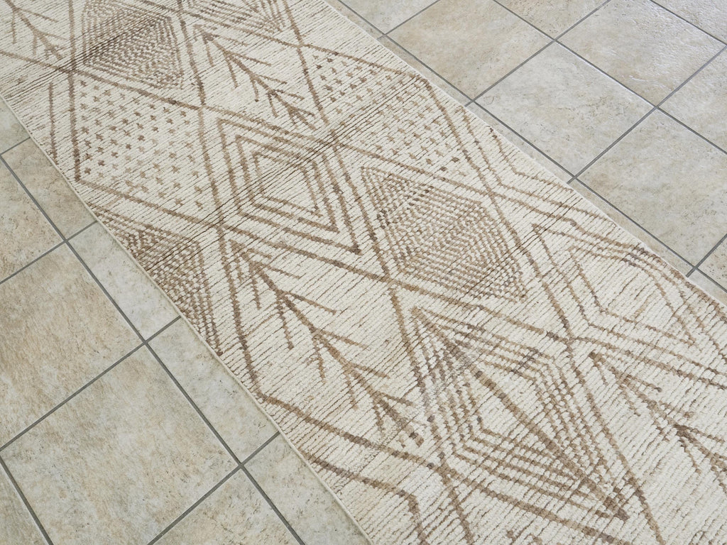 10 Ft Handmade Afghan Wool Runner Rug - Beige Moroccan Style