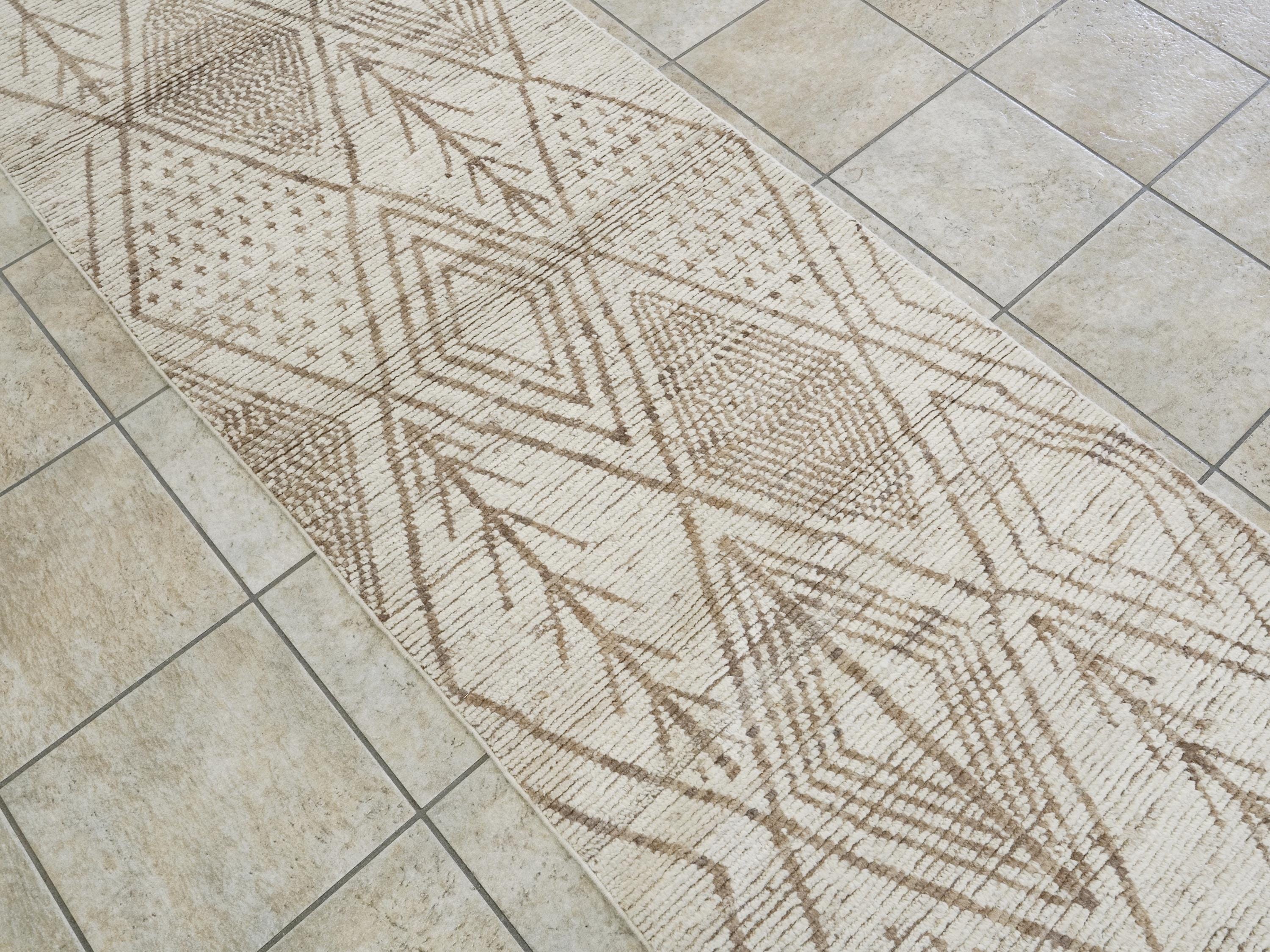 10 Ft Handmade Afghan Wool Runner Rug - Beige Moroccan Style