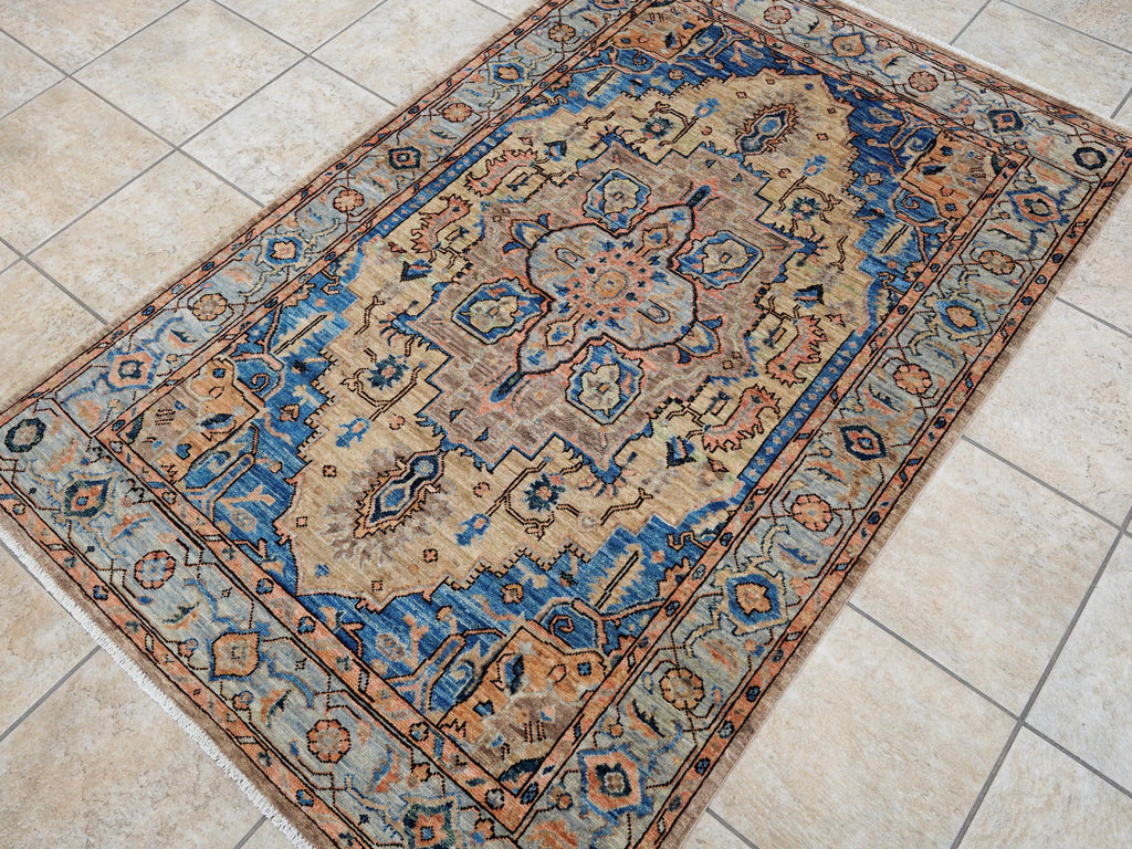 4x6 Ft Blue & Orange Serapi Rug - Hand Knotted Oriental Rug