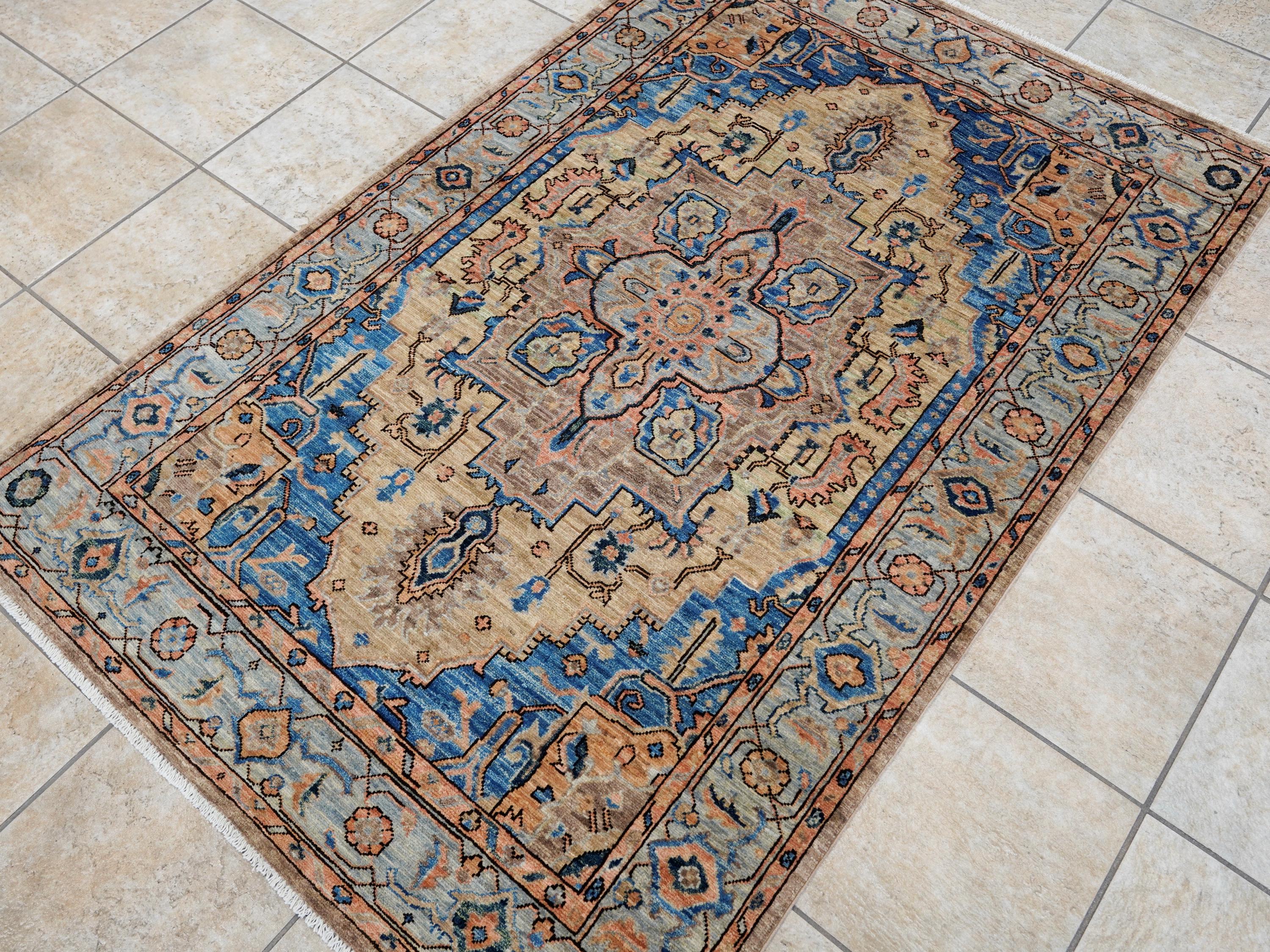 4x6 Ft Blue & Orange Serapi Rug - Hand Knotted Oriental Rug