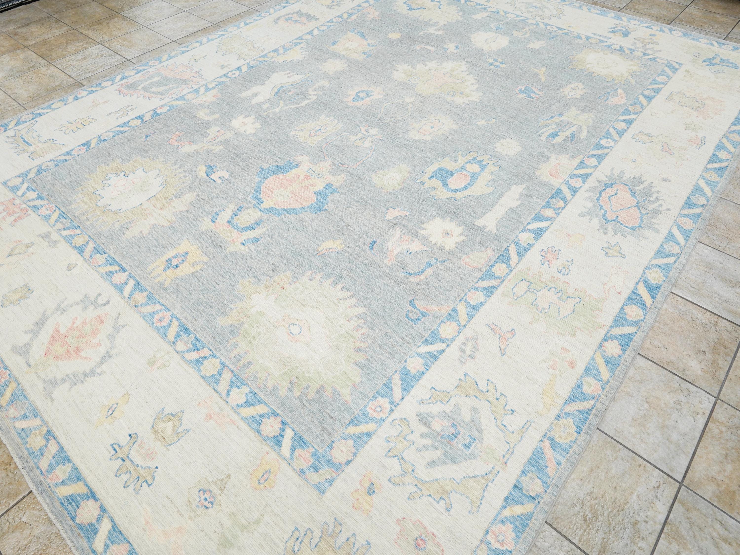 10x14 Ft Muted Blue Ushak Rug - Hand Knotted Wool Area Rug