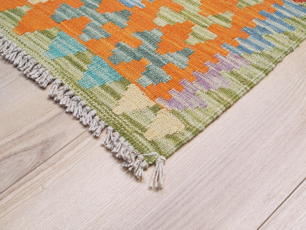 5x7 Ft Orange & Blue Kilim Rug - Handwoven Afghan Flat Weave