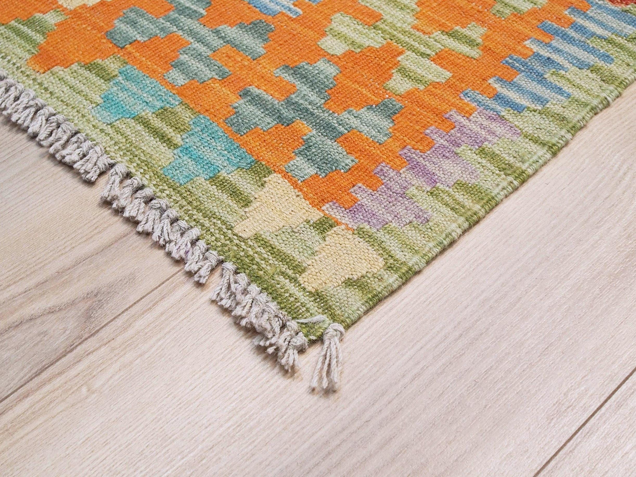 5x7 Ft Orange & Blue Kilim Rug - Handwoven Afghan Flat Weave