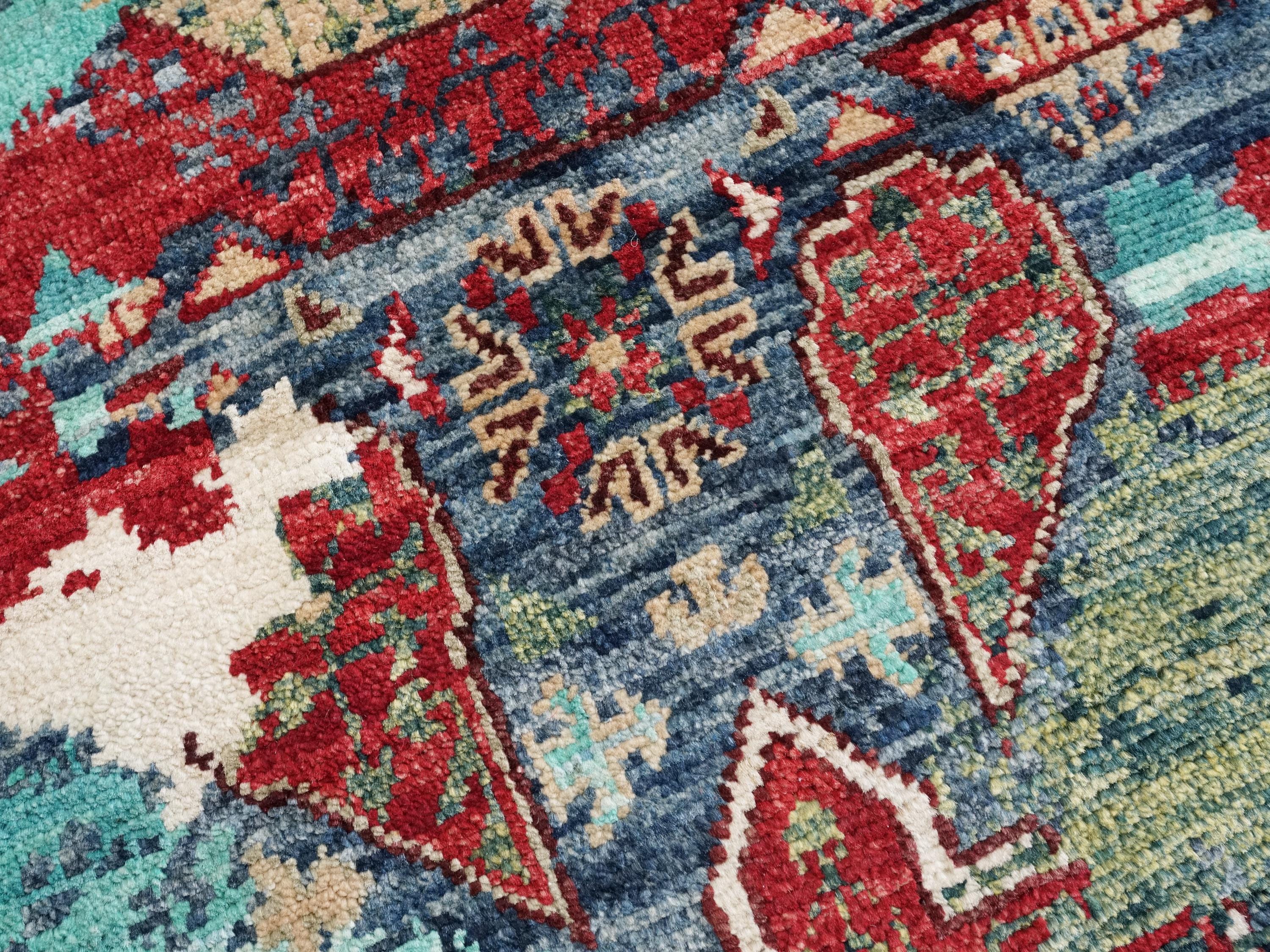 2x5 Ft Blue Afghan Mamluk Rug - Hand Knotted Ghazni Wool Hallway Runner