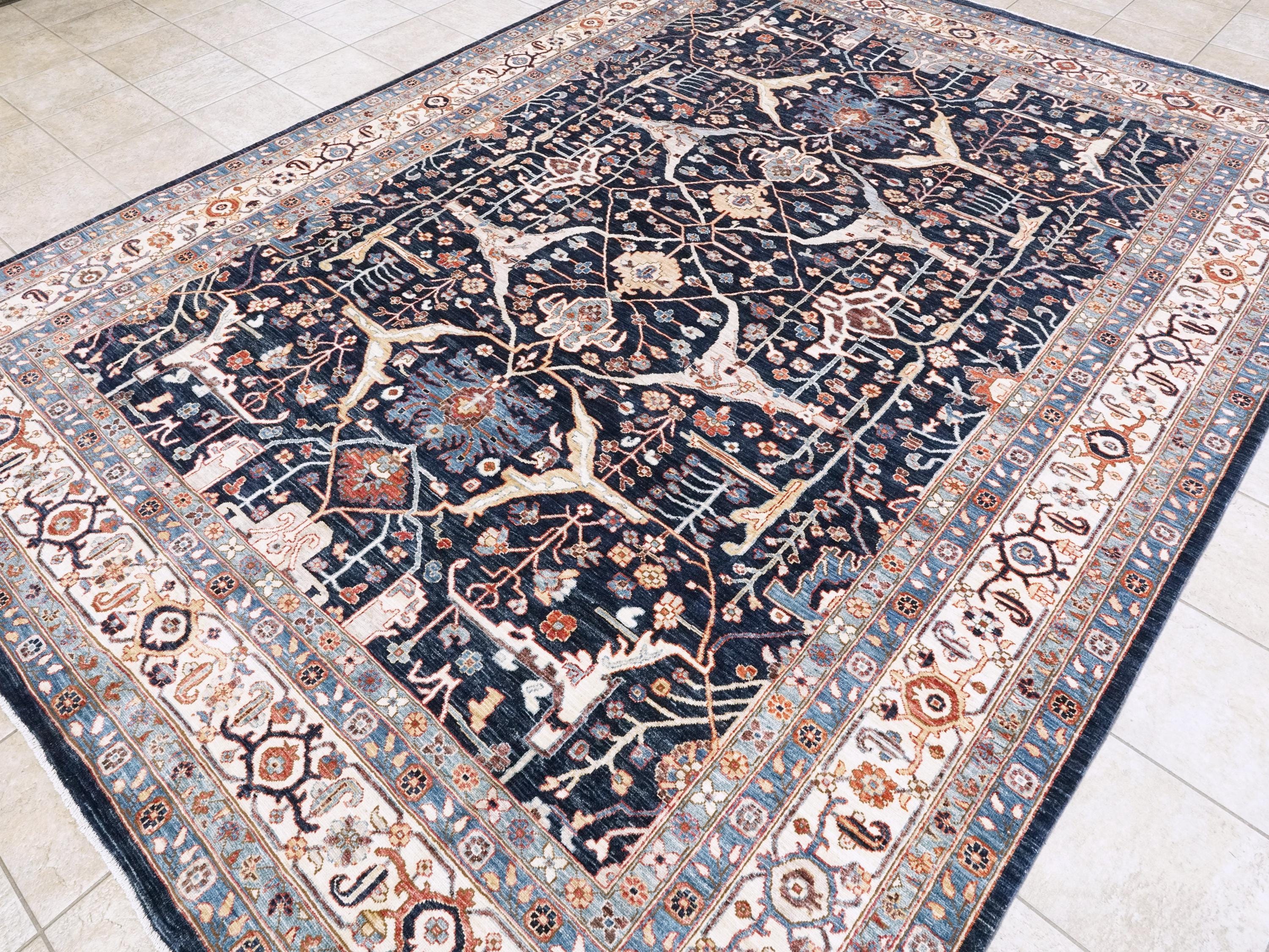 9x12 Ft Blue & Beige Serapi Rug - Hand Knotted Area Rug - Persian Design