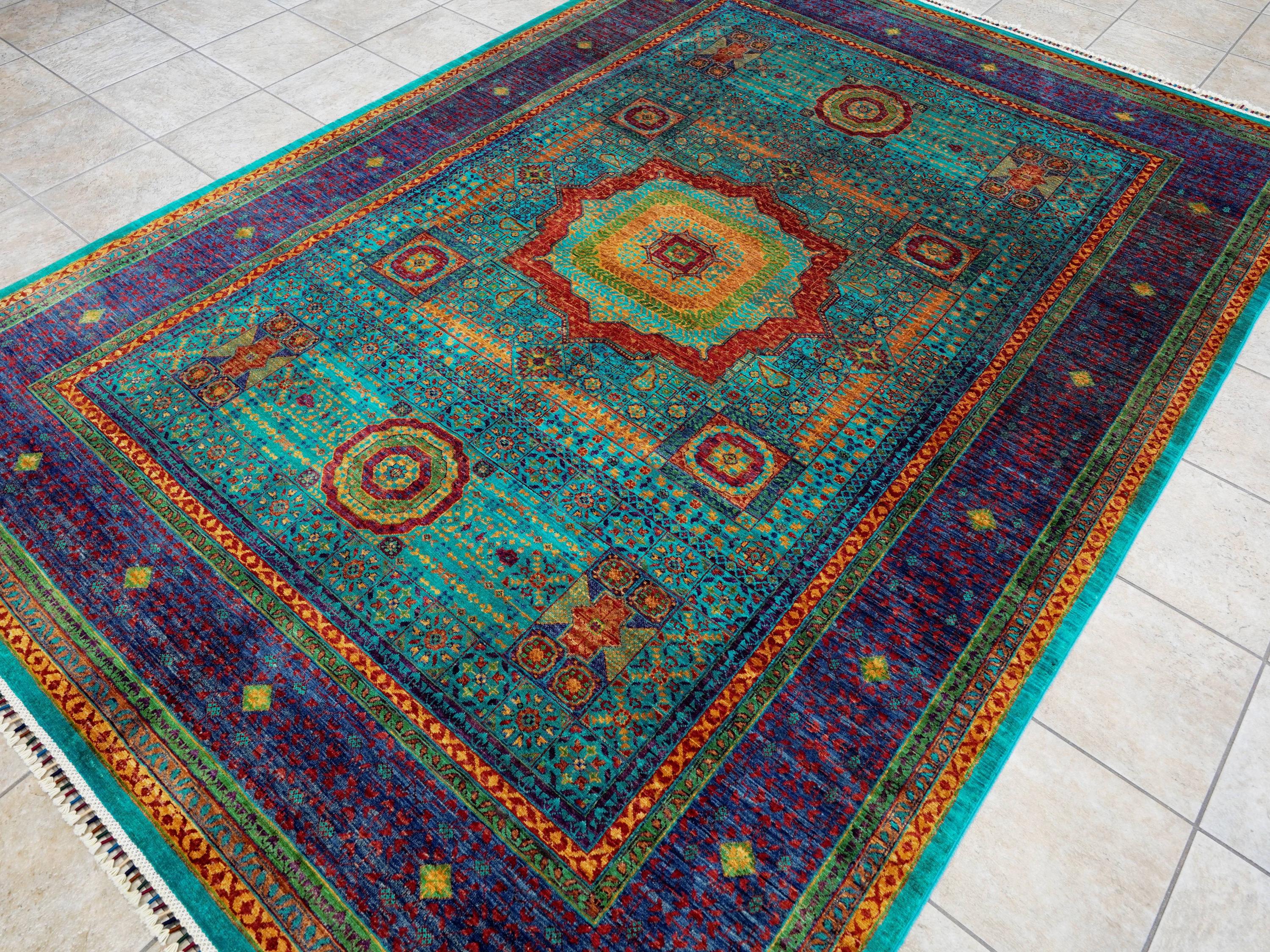 7x10 Ft Turquoise Mamluk Rug - Afghan Oriental Wool Rug