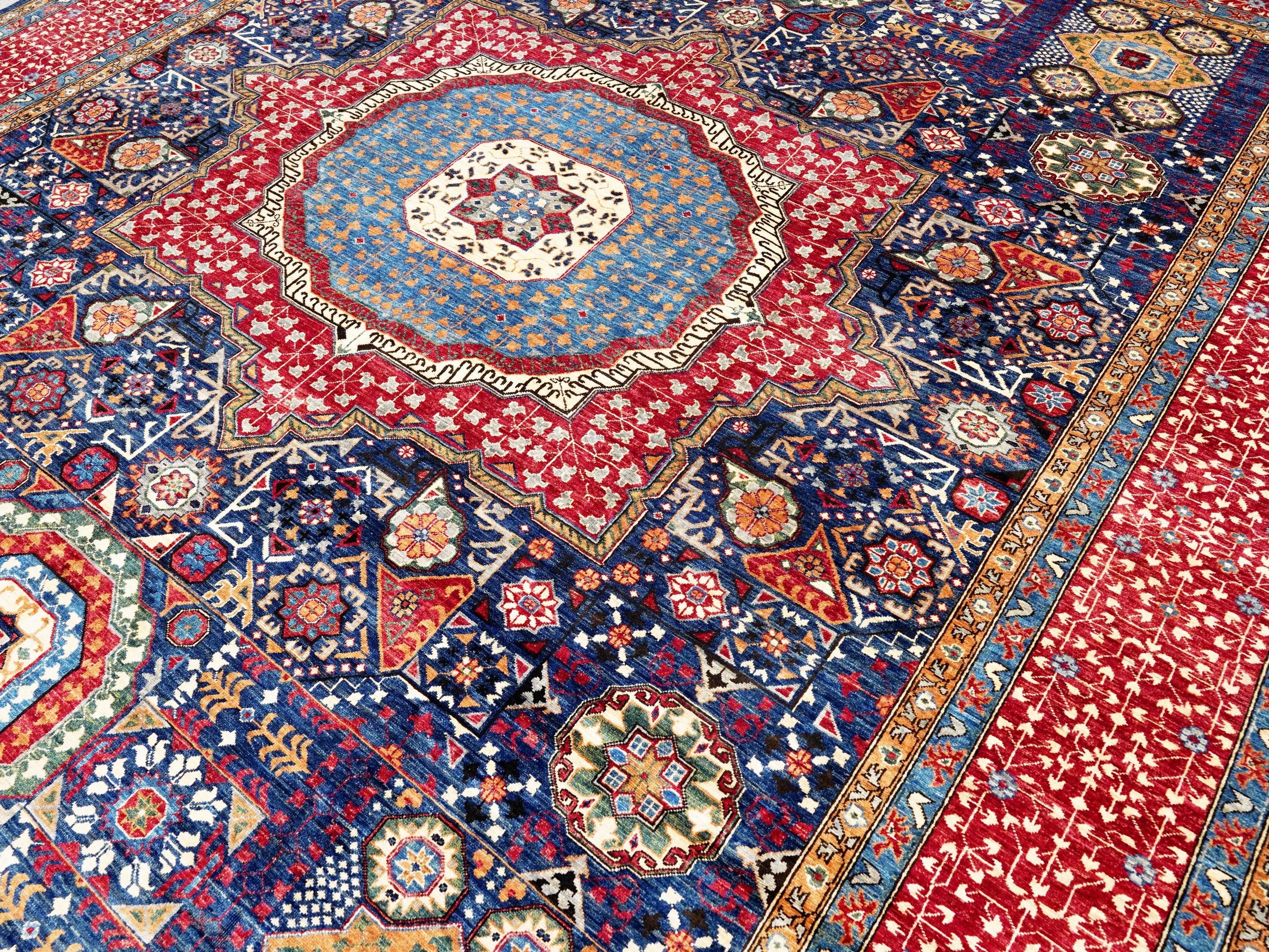 12x15 Ft Red & Blue Mamluk Rug - Handmade Afghan Oriental Rug - Oversize