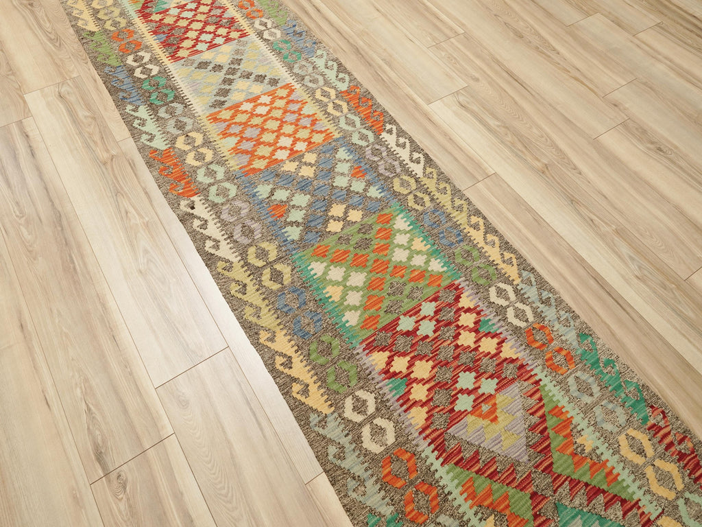 9 Ft Wool Kilim Runner Rug - Traditional Afghan Hallway Rug