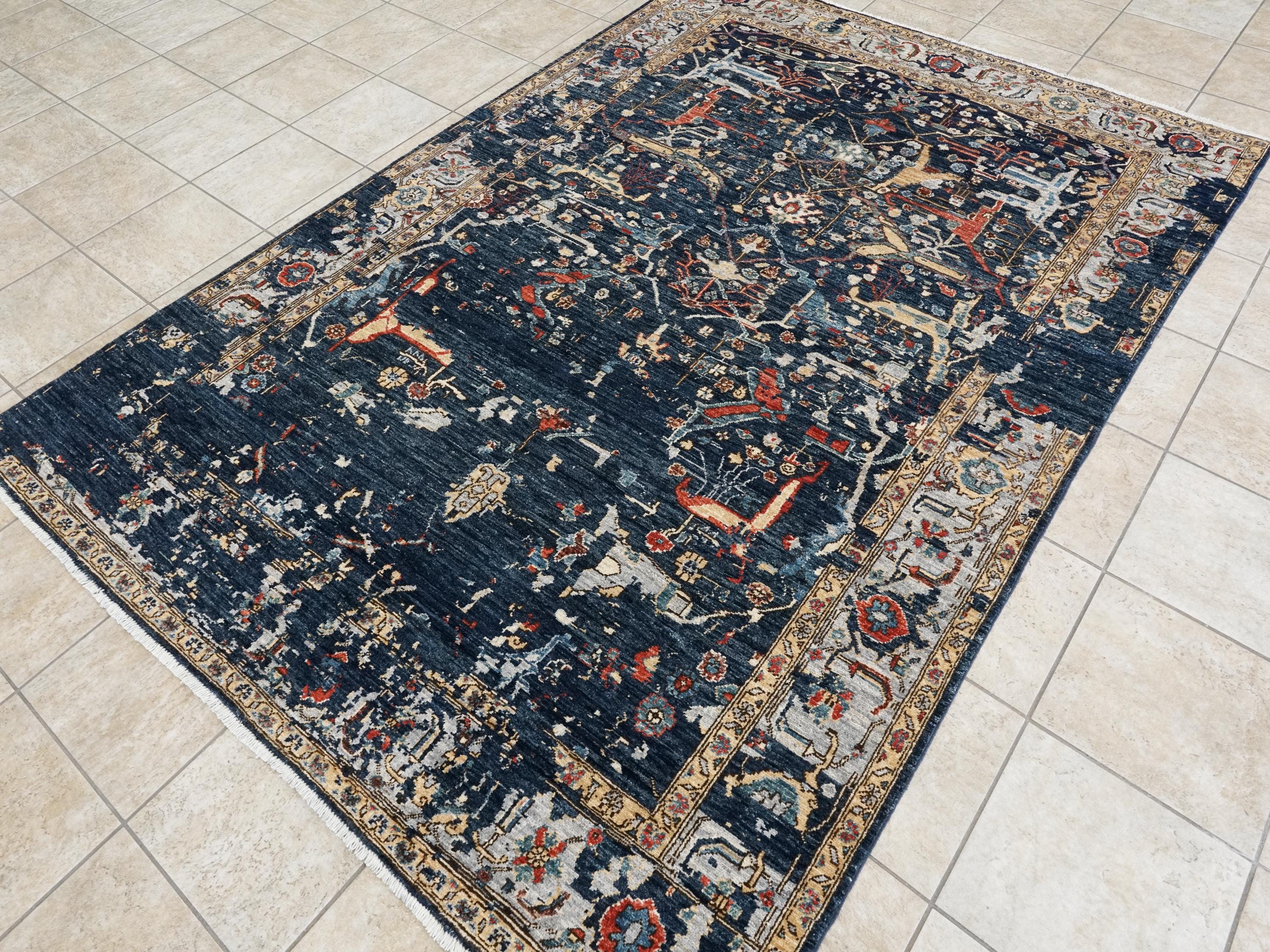 6x9 Ft Blue Serapi Rug - Hand Knotted Afghan Area Rug