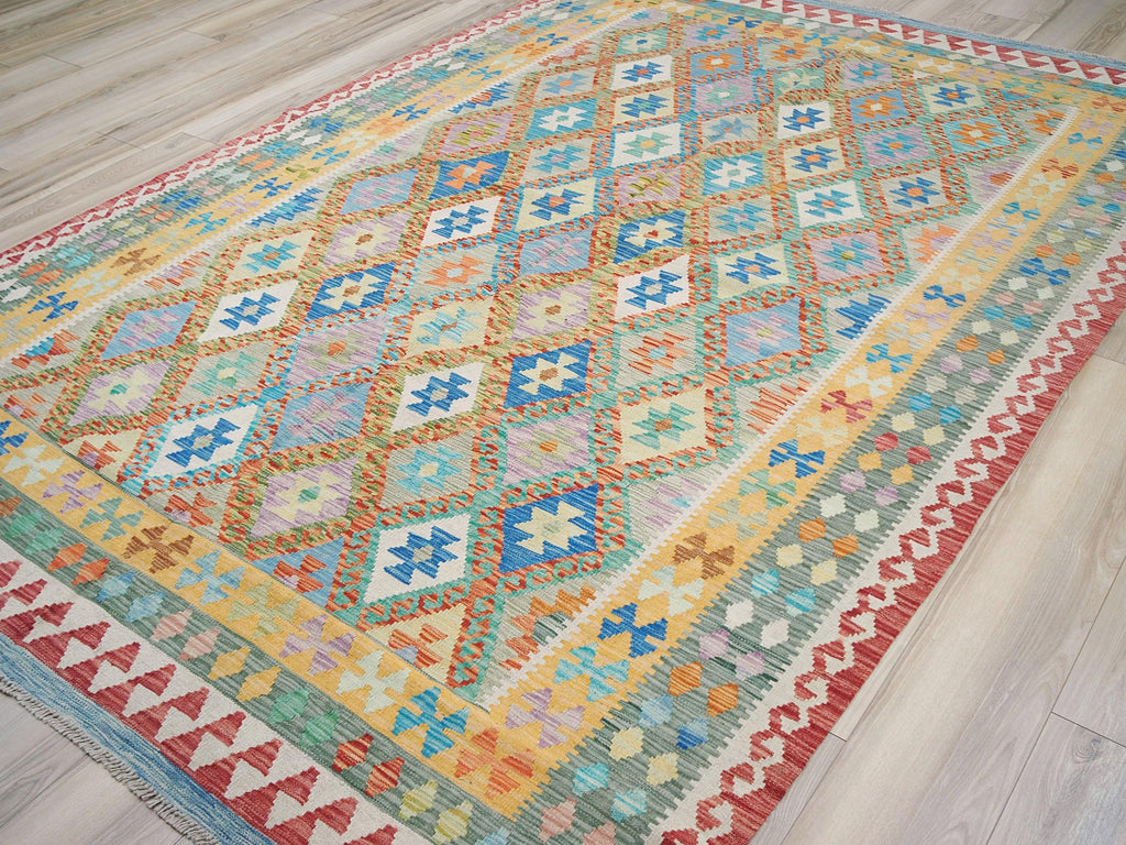 7x10 Ft Maimana Kilim Rug - Green & Blue Flat Weave Tribal Rug