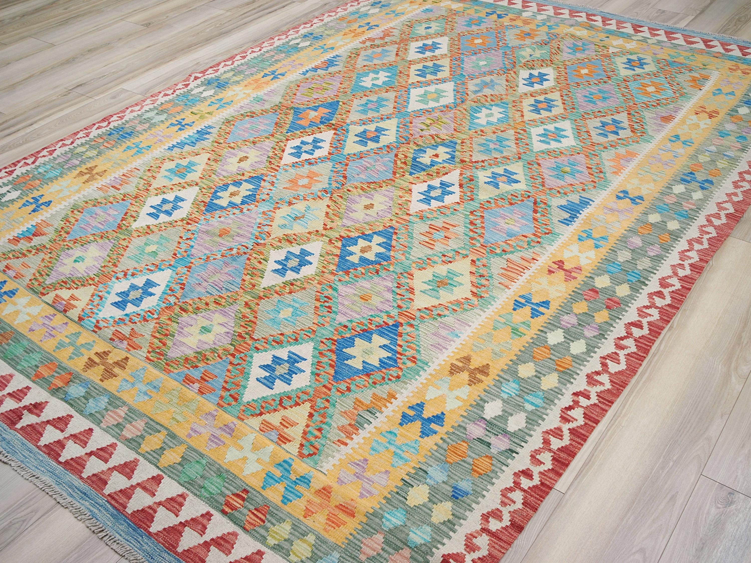 7x10 Ft Maimana Kilim Rug - Green & Blue Flat Weave Tribal Rug