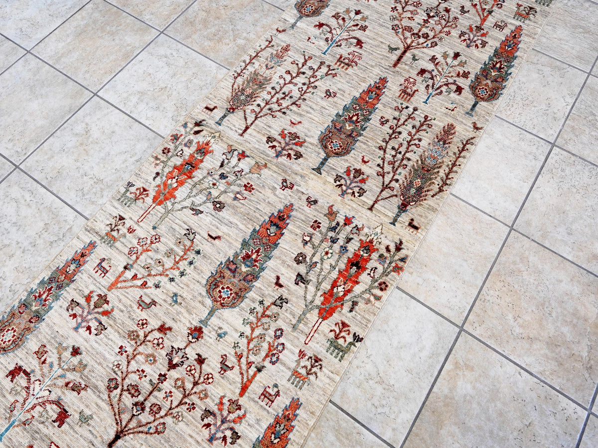 11 Ft Beige Afghan Runner Rug - Hand Knotted Hallway Rug - Floral Design
