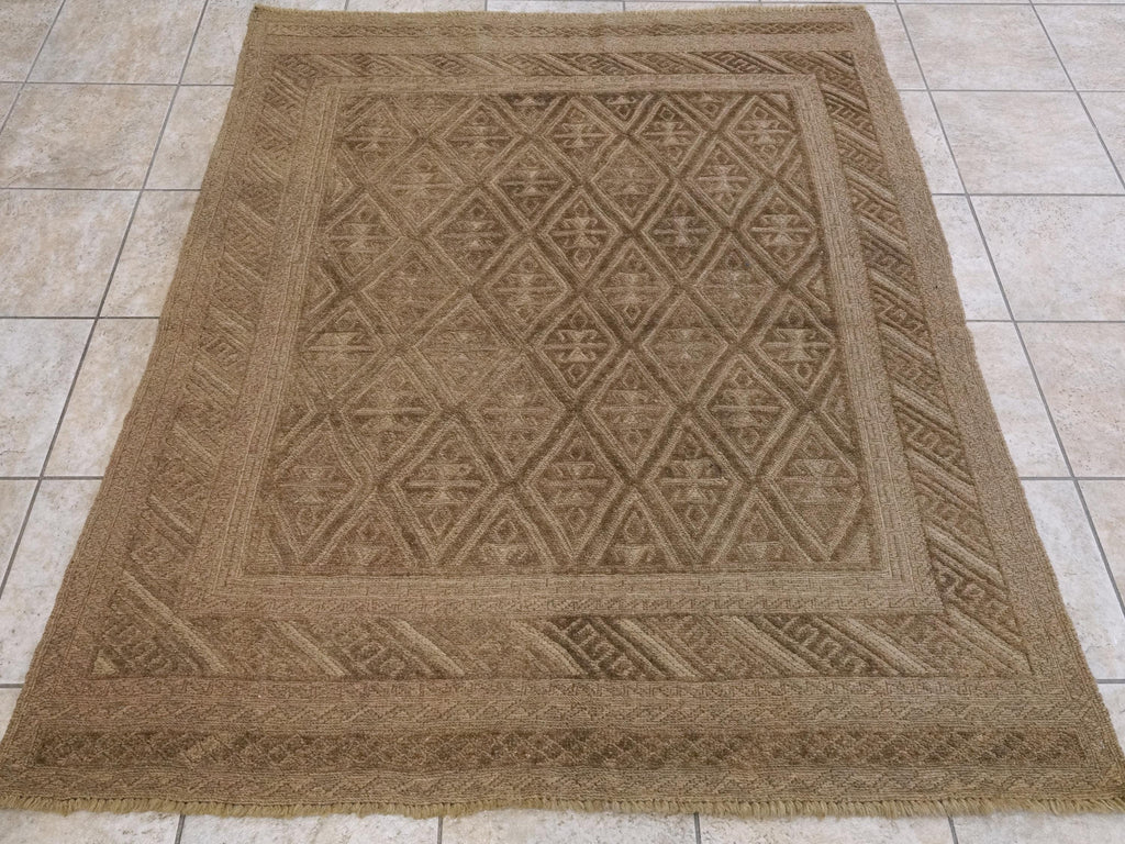 5x6 FT Hand Knotted Wool Kilim Rug - Brown Tribal Flatweave