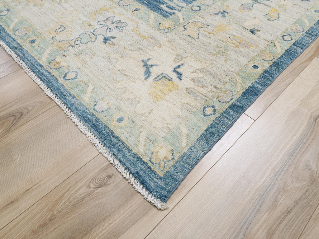 9x12 Ft Hand Knotted Oushak Rug - Blue Handmade Area Rug - Floral Design
