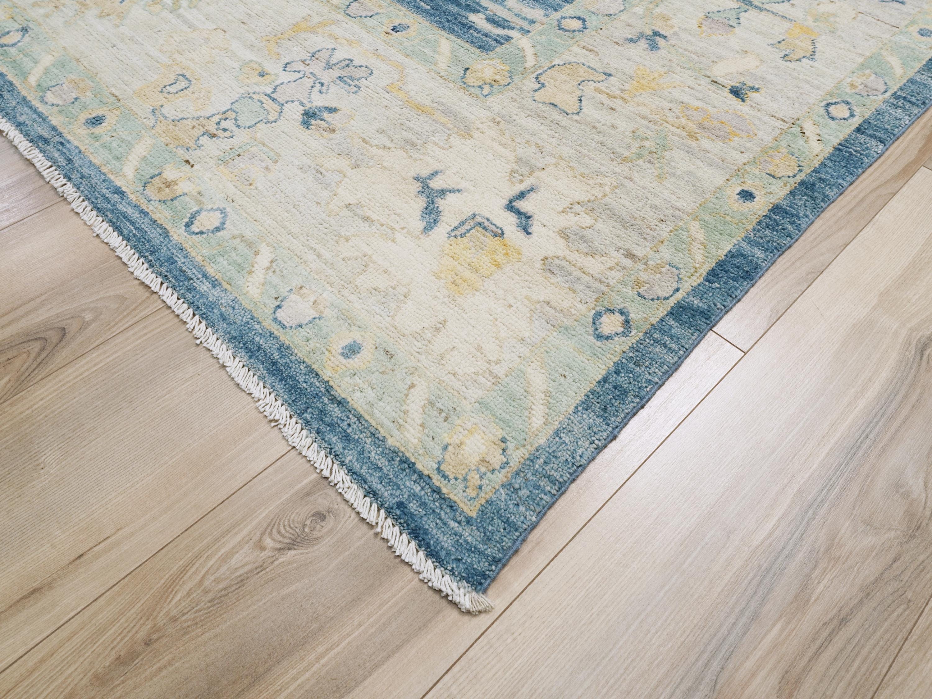 9x12 Ft Hand Knotted Oushak Rug - Blue Handmade Area Rug - Floral Design