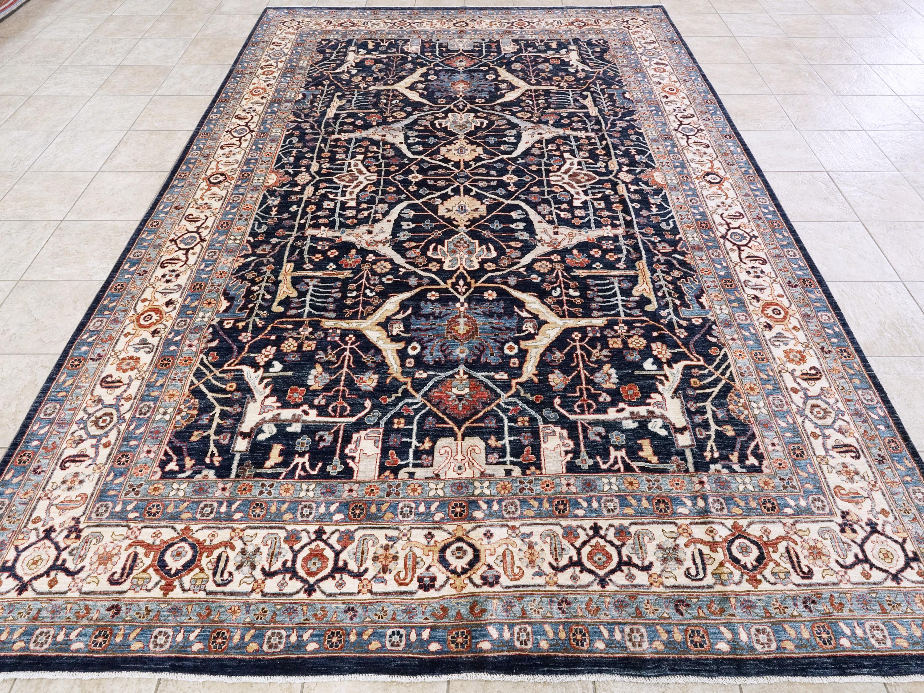 9x12 Ft Blue & Beige Serapi Rug - Hand Knotted Area Rug - Persian Design