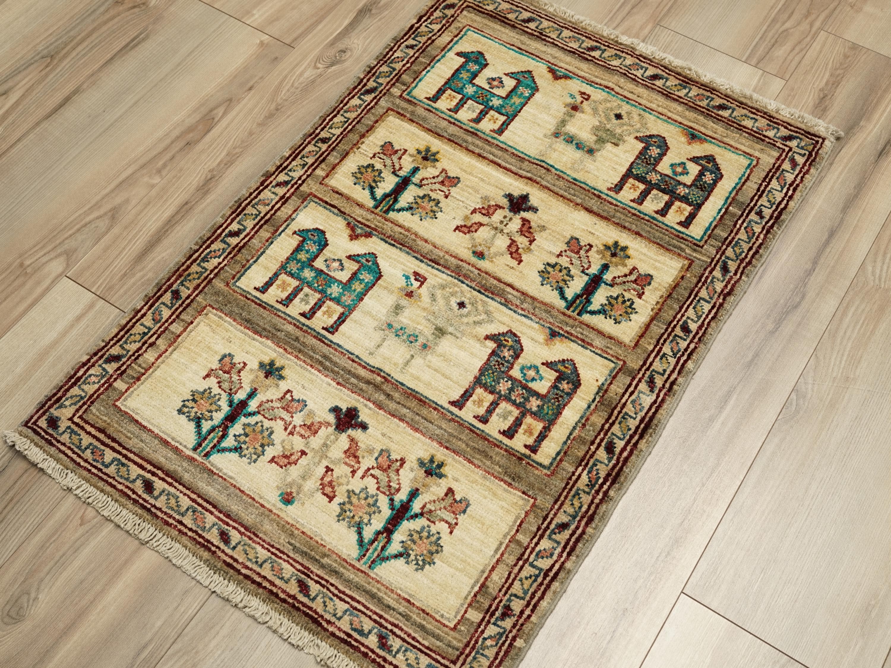 2x3 Ft Hand Knotted Beige Gabbeh Rug - Tribal Area Rug