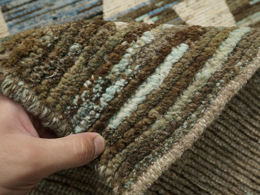 10 Ft White & Blue Handmade Moroccan Runner Rug - Contemporary Design