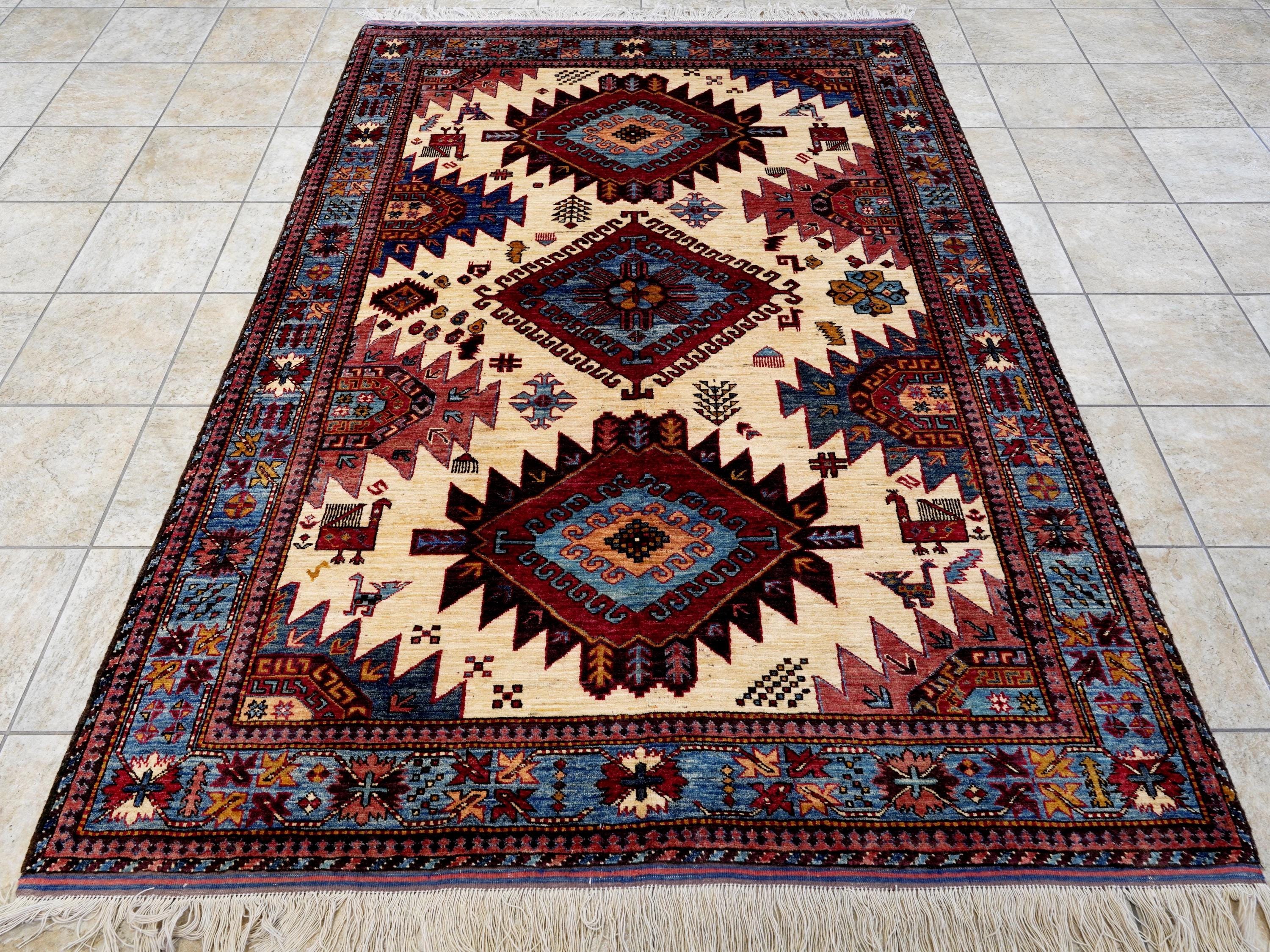6x8 Ft Red & Blue Baluch Rug - Hand Knotted Oriental Rug - Tribal Design