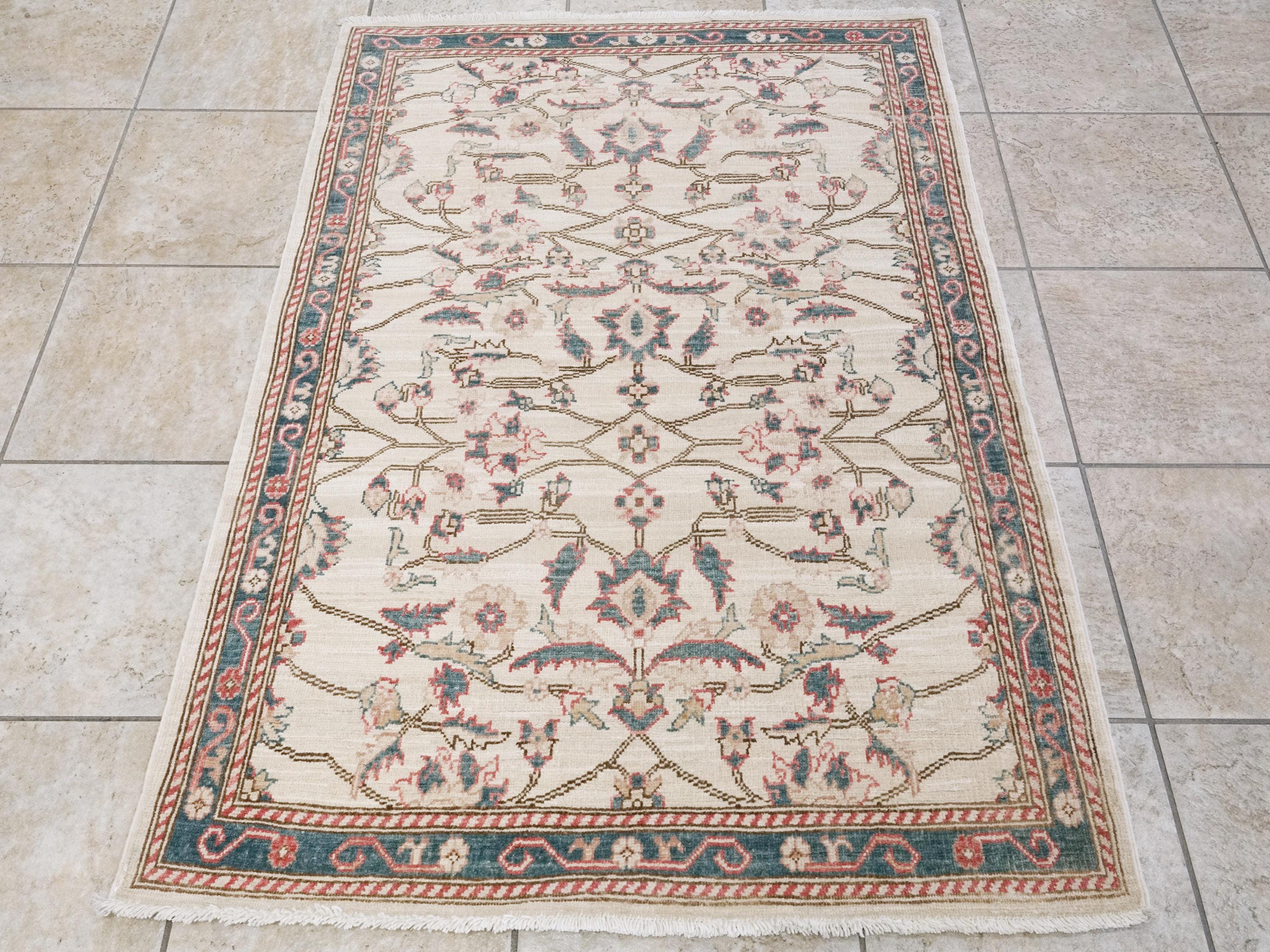 3x5 Ft Beige & Green Serapi Rug - Oriental Wool Rug - Floral Design
