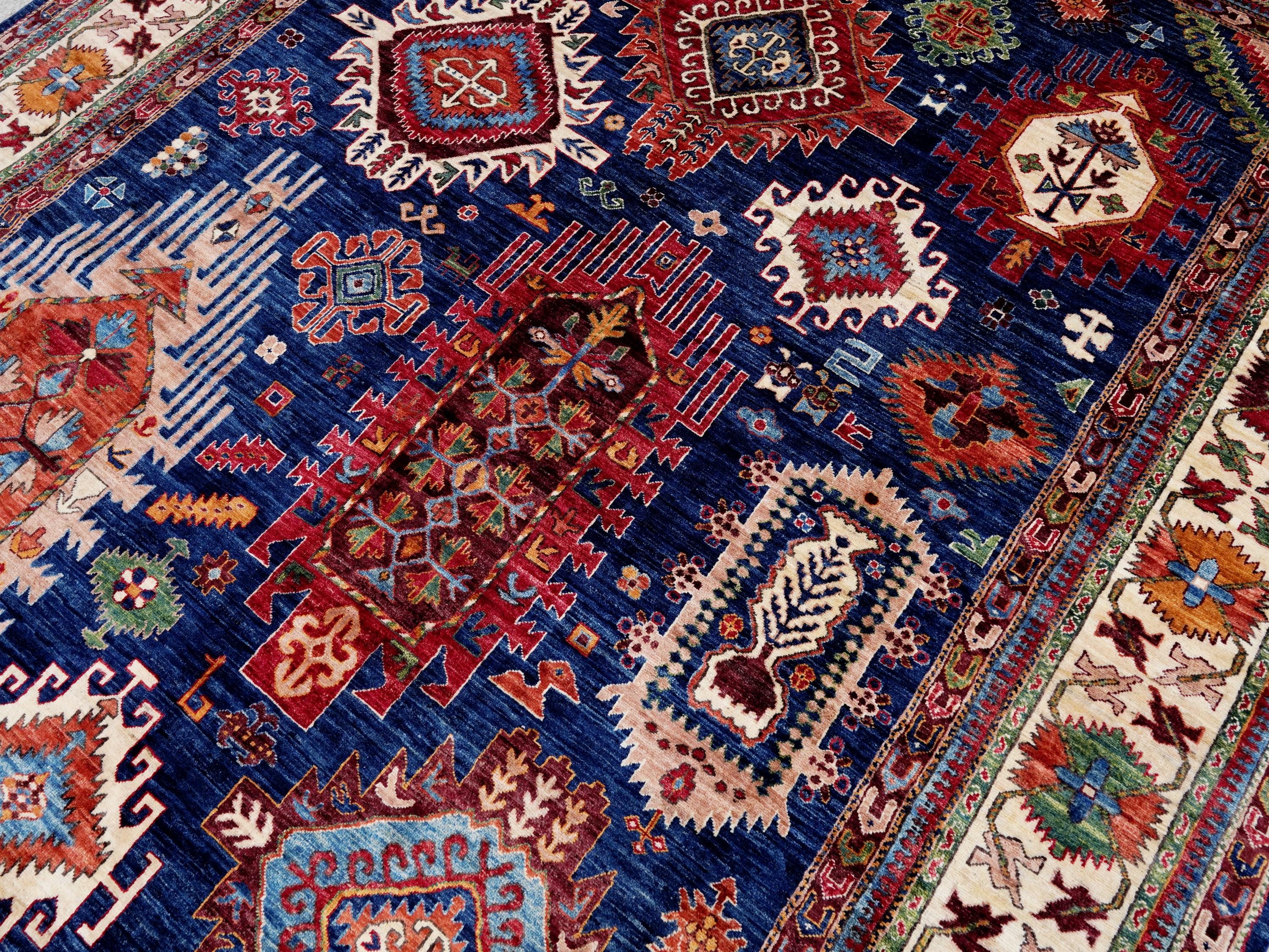 9x12 Ft Blue Kazak Rug - Afghan Oriental Area Rug - Persian Design