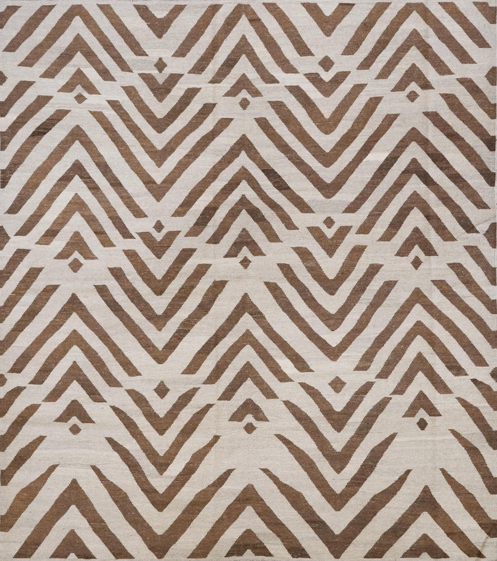 9x10 Ft Brown & Beige Kilim Rug - Flat Weave Area Rug - Abstract Design
