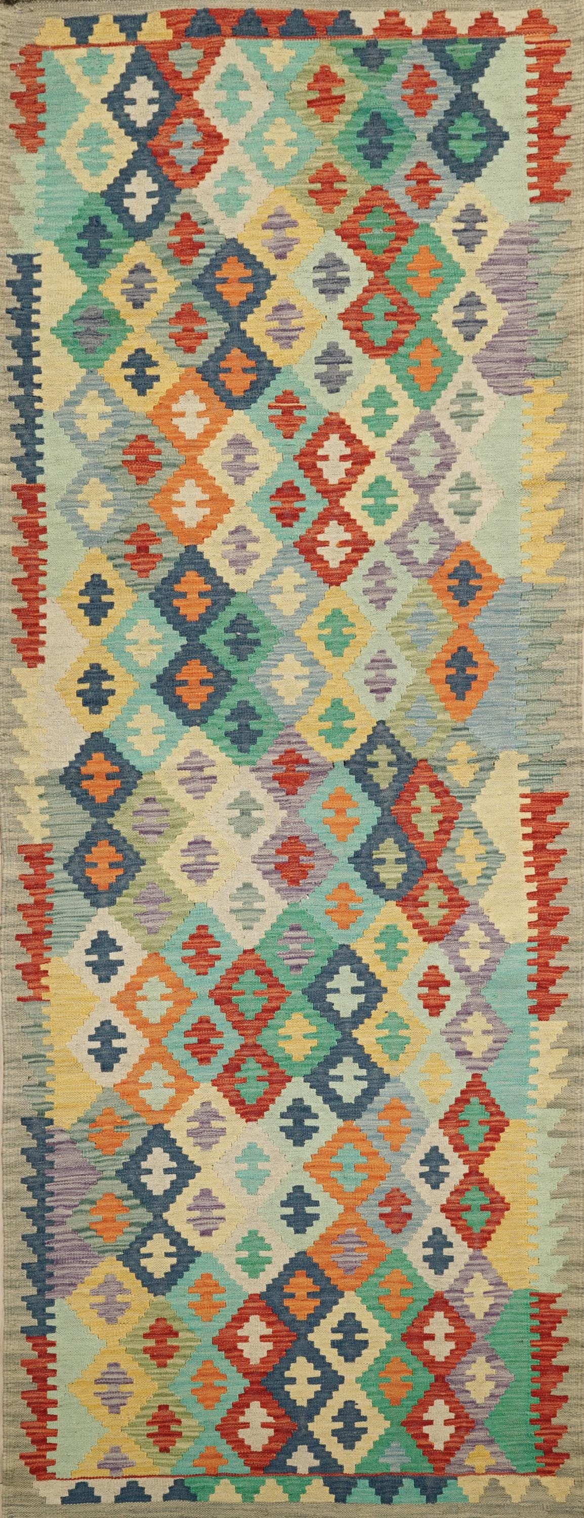 10 Ft Colorful Kilim Runner Rug - Traditional Afghan Flat Weave