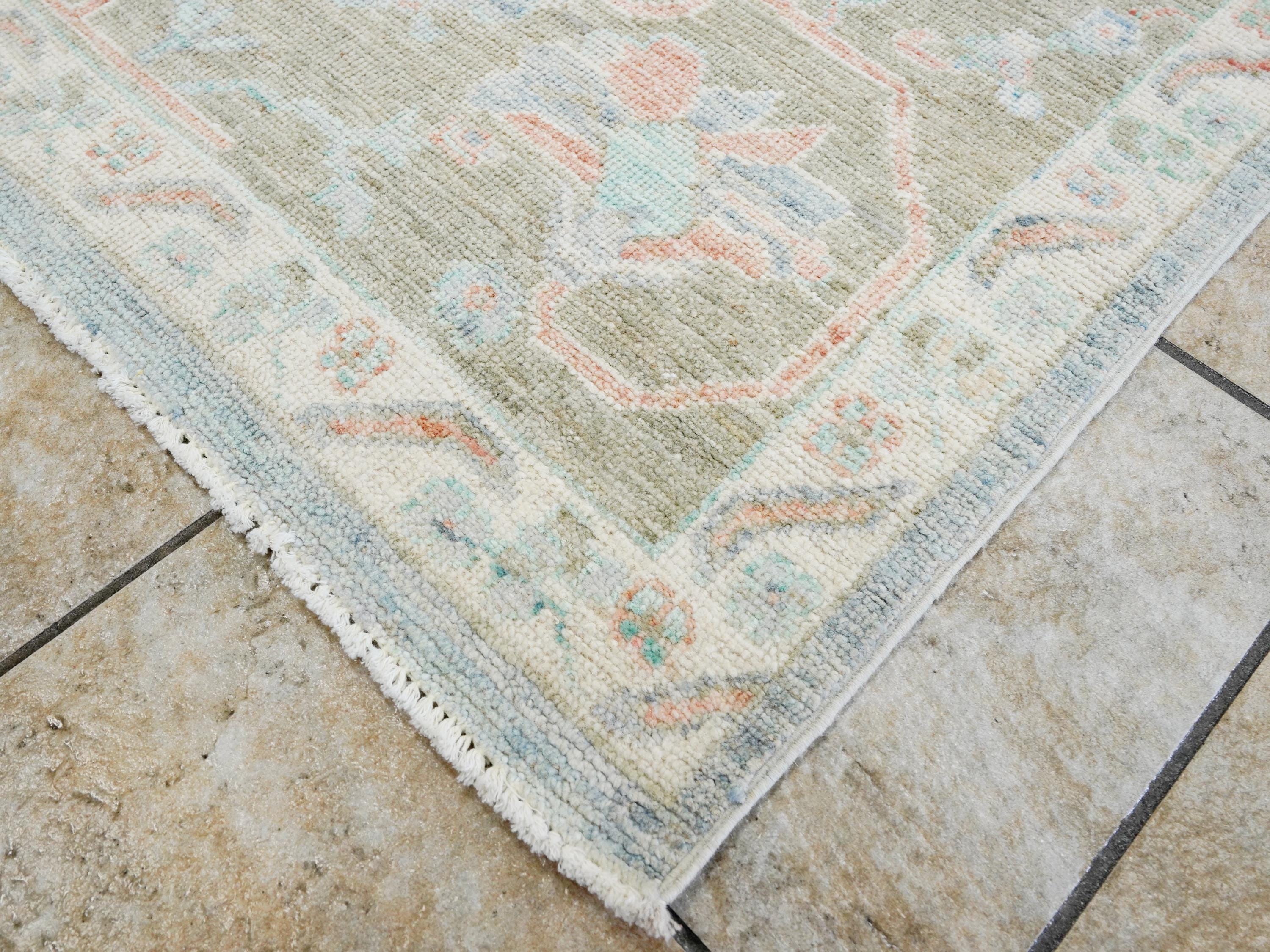 8x10 Ft Light Blue Oushak Rug - Hand Knotted Oriental Rug - Floral Design