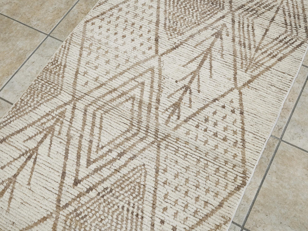10 Ft Handmade Afghan Wool Runner Rug - Beige Moroccan Style