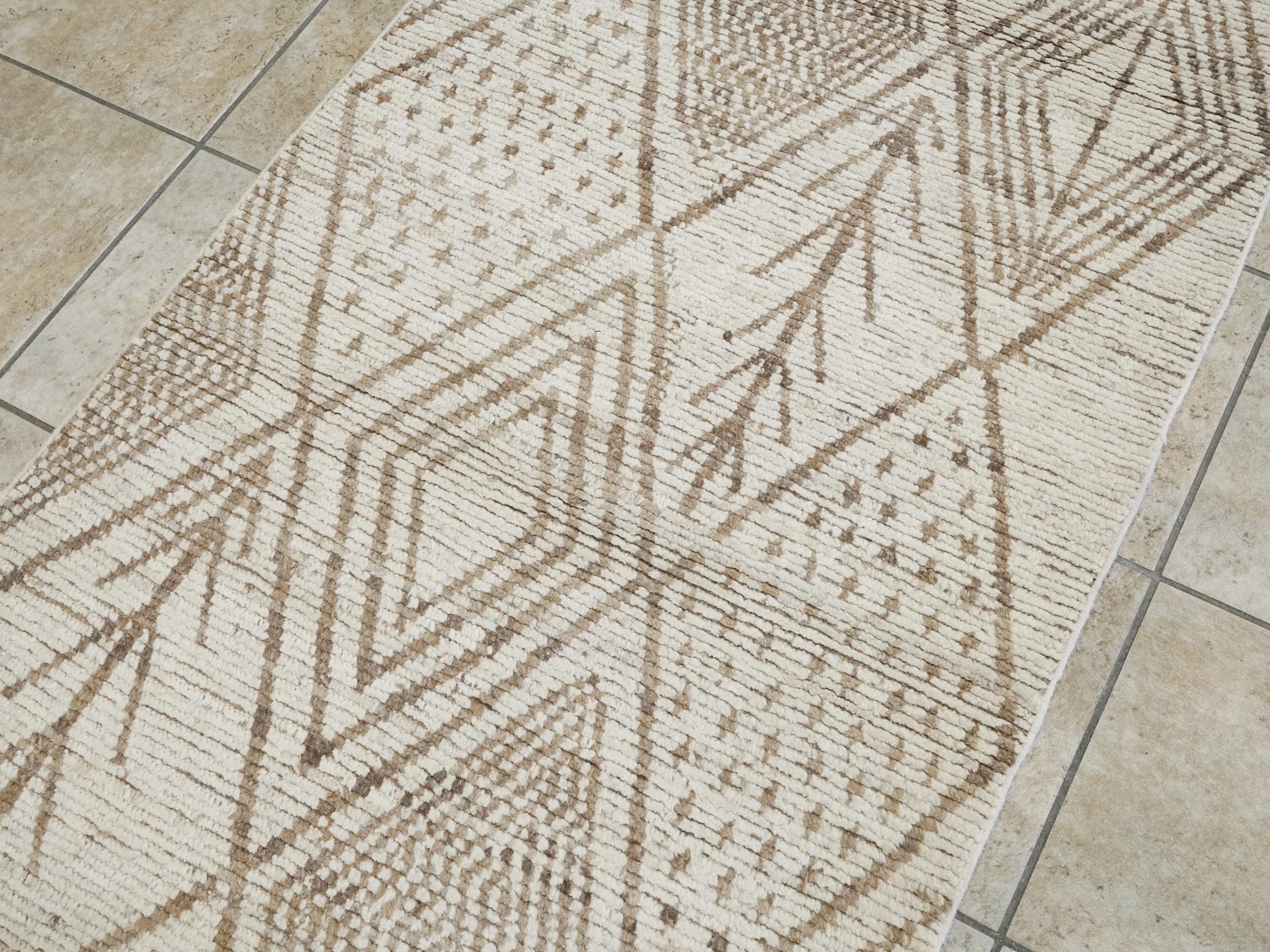 10 Ft Handmade Afghan Wool Runner Rug - Beige Moroccan Style