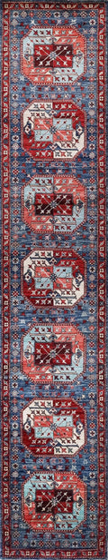 14 Ft Blue Ersari Runner Rug - Traditional Wool Hallway Rug - Turkmen Design