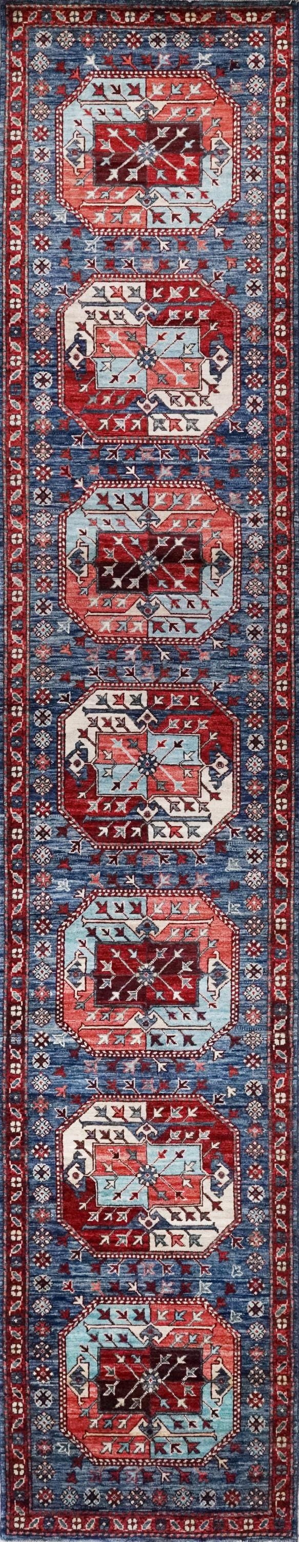 14 Ft Blue Ersari Runner Rug - Traditional Wool Hallway Rug - Turkmen Design