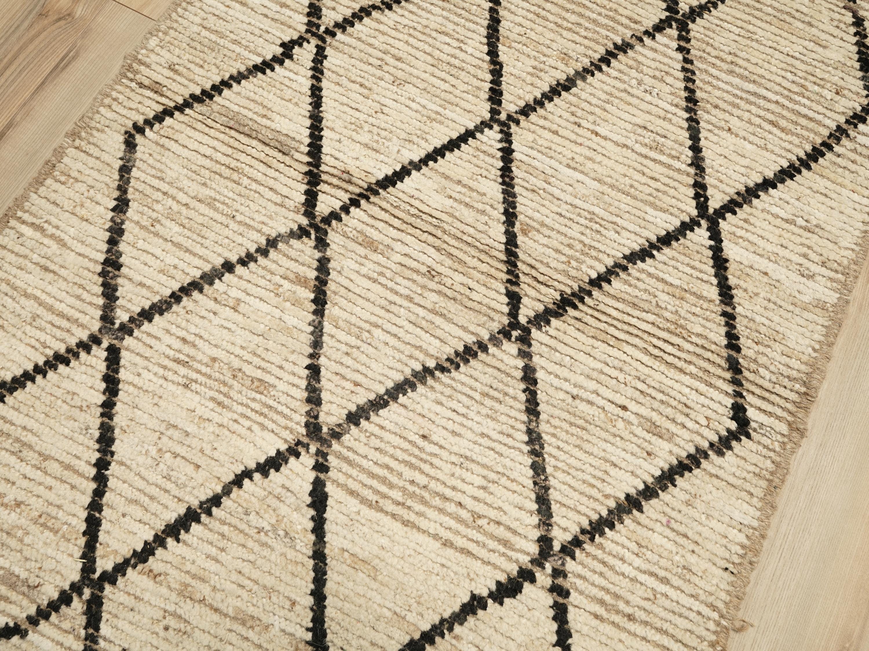 15 Ft Handmade Wool Moroccan Runner Rug: Beige Afghan Hallway Rug