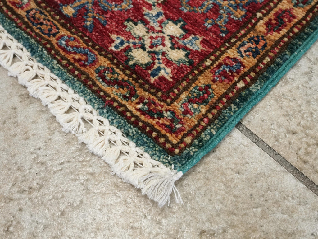 2x3 Ft Handmade Green Wool Kazak Rug - Afghan Oriental Accent Rug