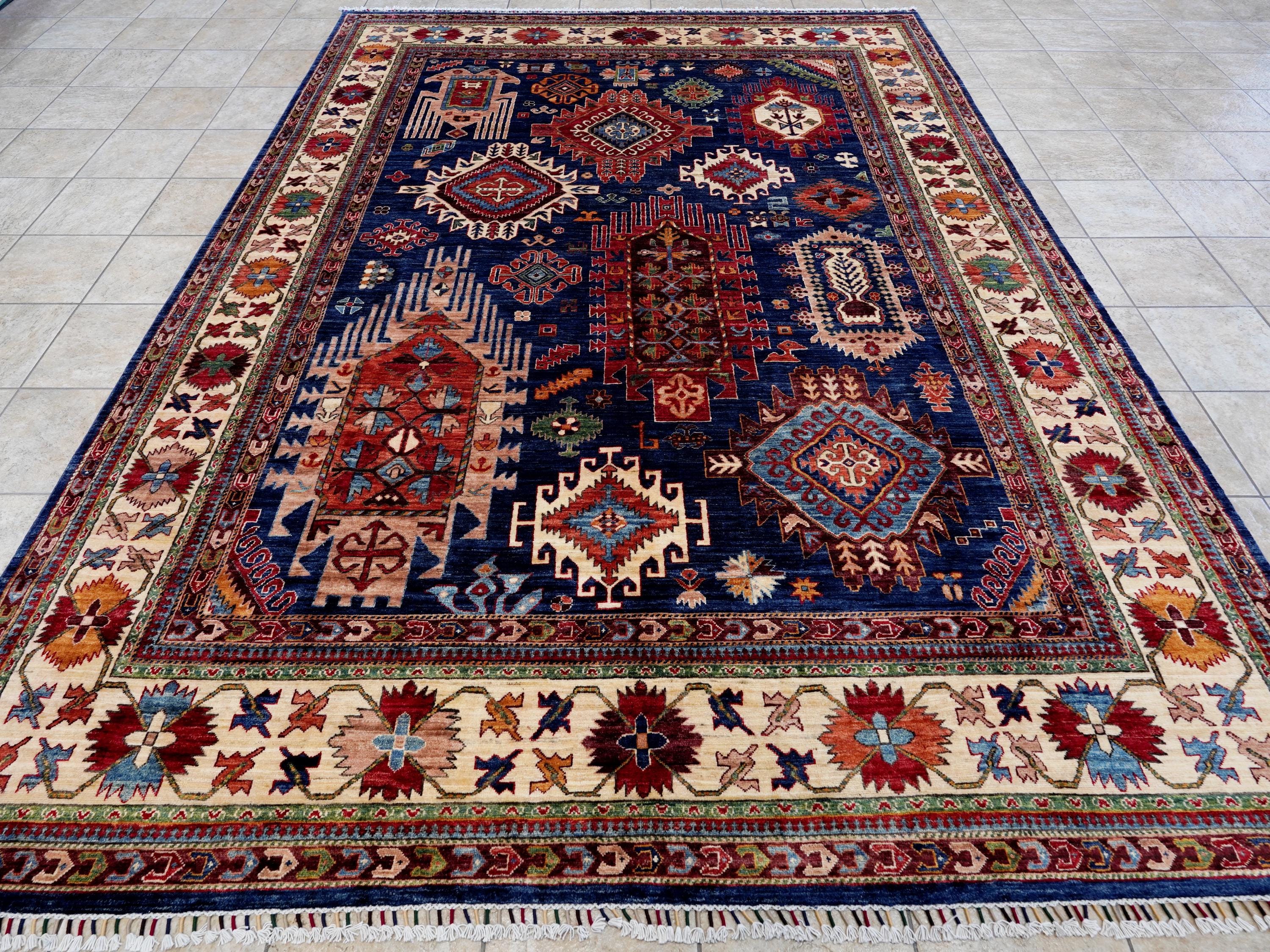 9x12 Ft Blue Kazak Rug - Afghan Oriental Area Rug - Persian Design