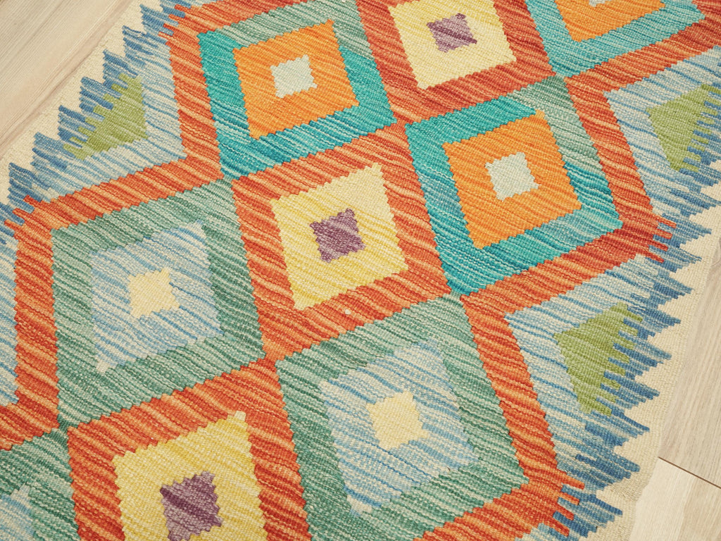 9 Ft Kilim Runner Rug - Green & Orange Traditional Afghan Rug