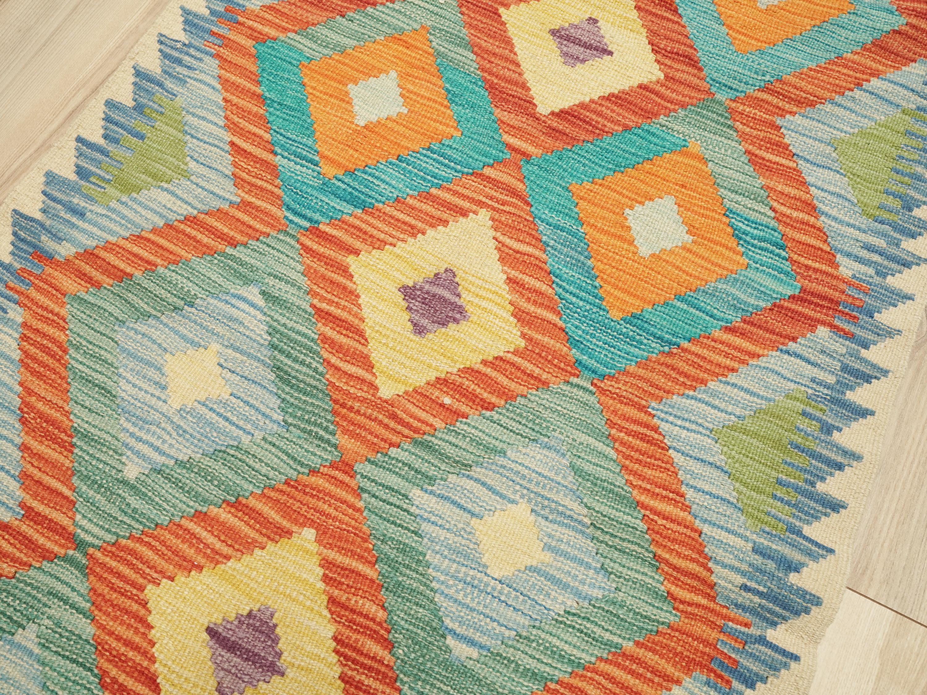 9 Ft Kilim Runner Rug - Green & Orange Traditional Afghan Rug