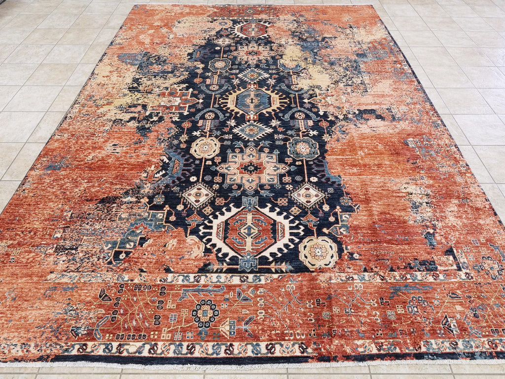 9x12 Ft Red & Blue Heriz Rug - Hand Knotted Transitional Rug
