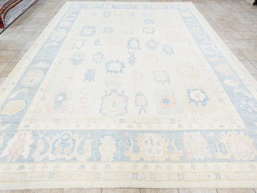 12x15 Ft Muted Ushak Rug - Traditional Wool Area Rug - White & Blue Turkish design