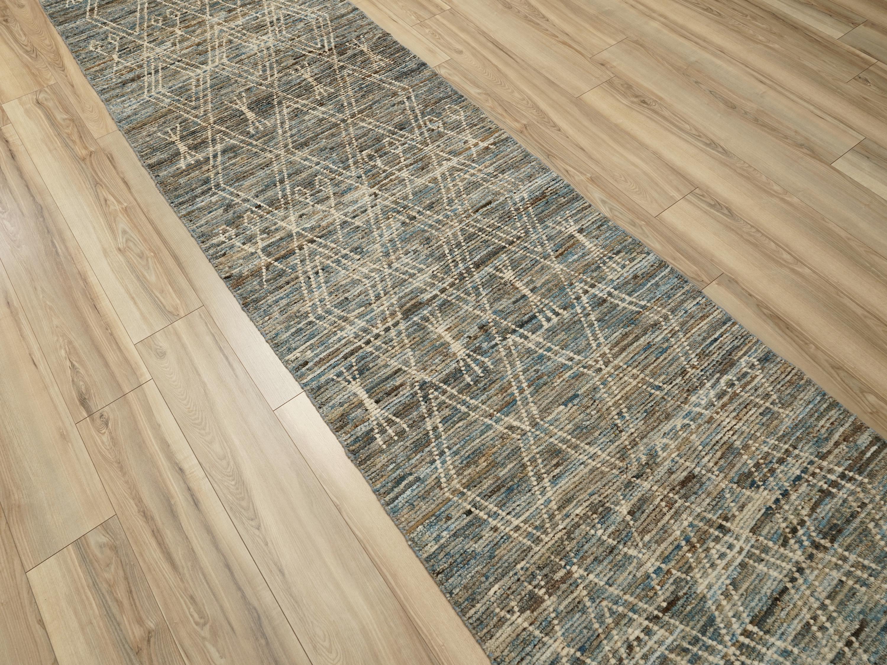 16 Ft Blue Moroccan Wool Runner Rug - Afghan Handmade Hallway Rug