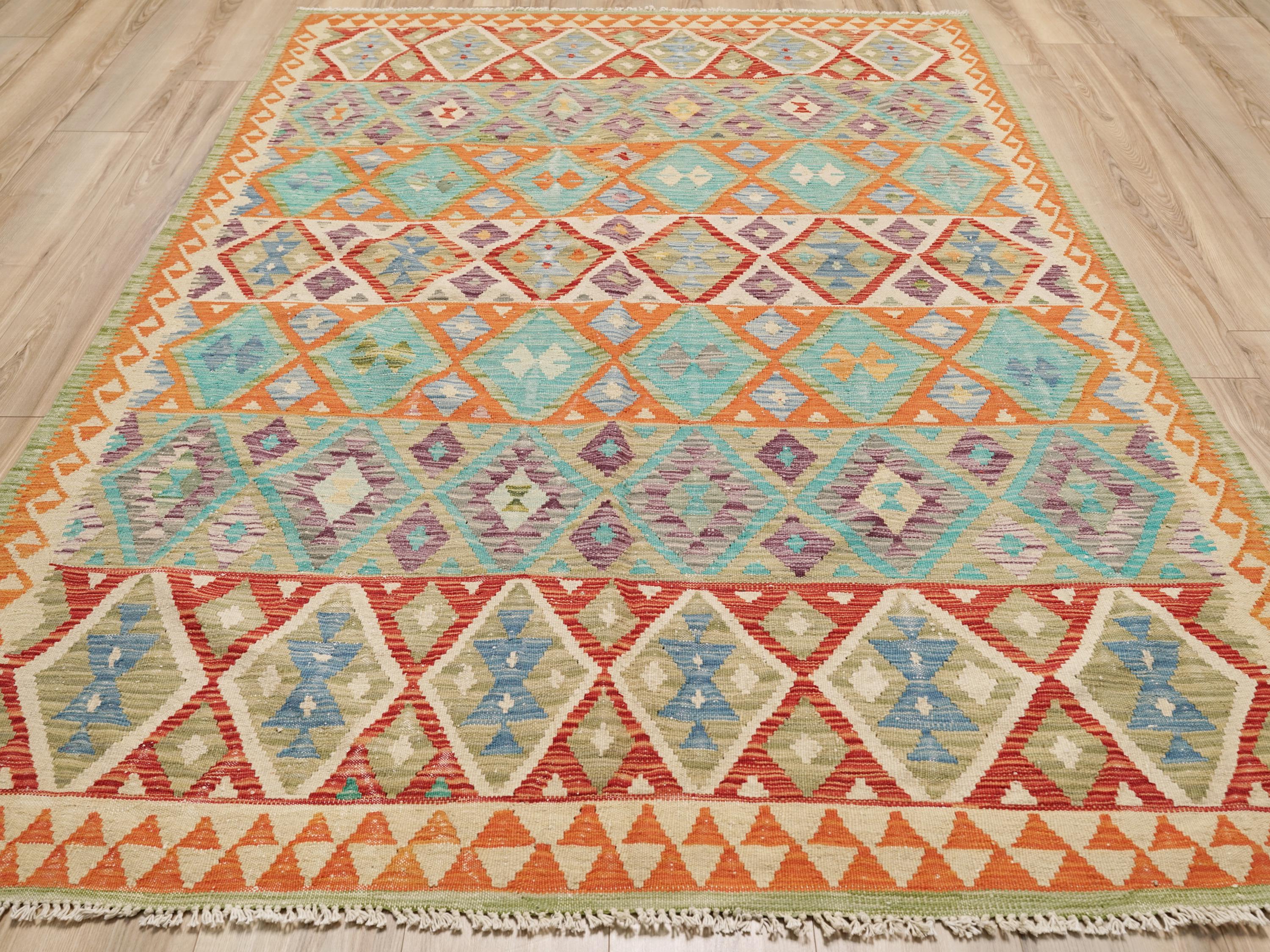 6x8 Ft Orange Kilim Rug - Traditional Flatweave