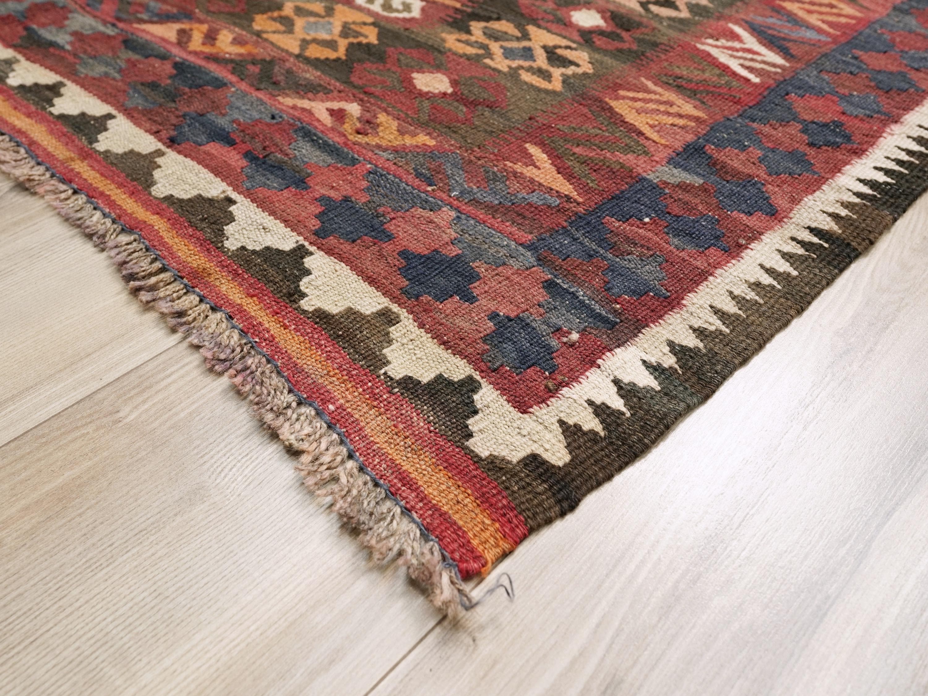 9x14 Ft Burgundy Maimana Kilim Rug - Vintage Flat Weave - Tribal Design