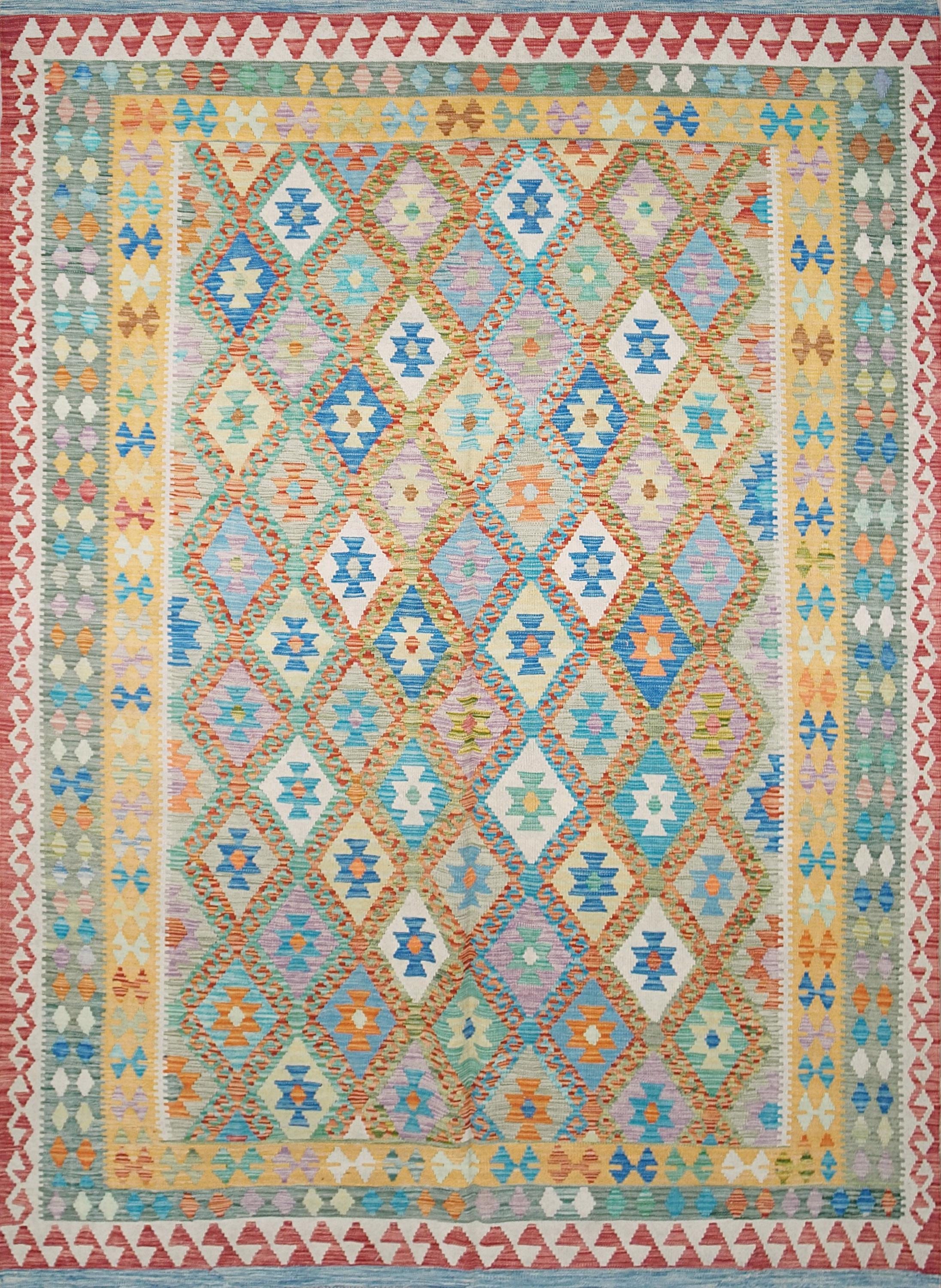 7x10 Ft Maimana Kilim Rug - Green & Blue Flat Weave Tribal Rug