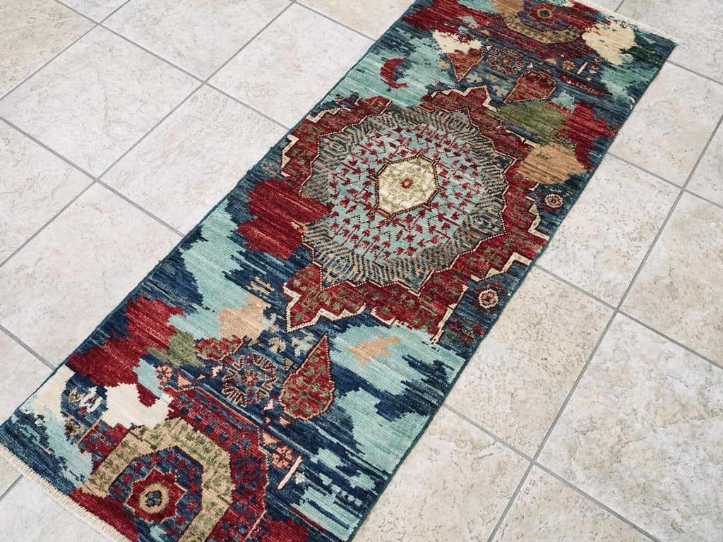 2x5 Ft Blue Mamluk Rug - Hand Knotted Wool Hallway Runner