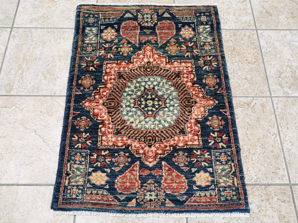 2x3 Ft Hand Knotted Dark Blue Mamluk Rug - Oriental Accent Rug