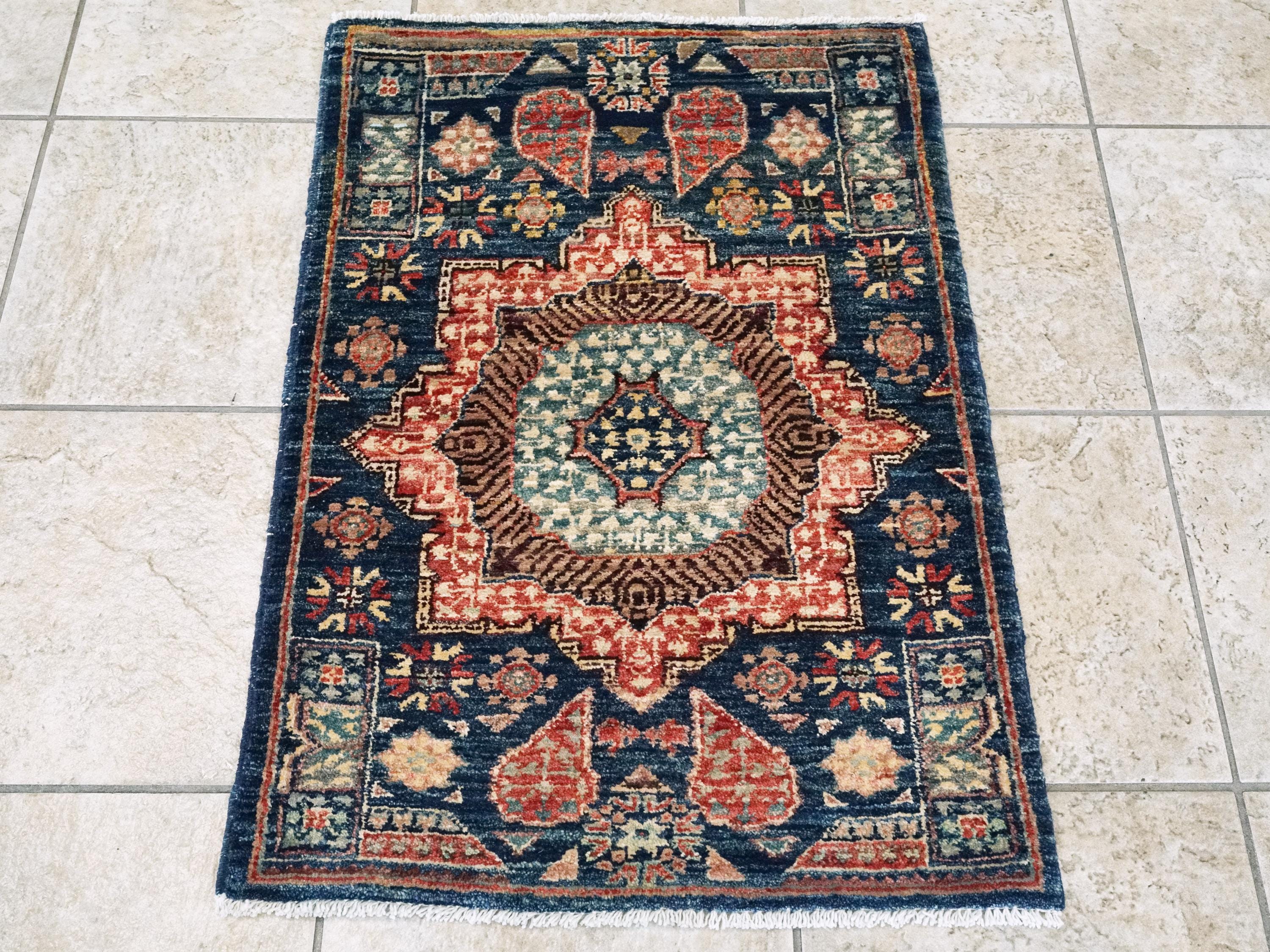 2x3 Ft Hand Knotted Dark Blue Mamluk Rug - Oriental Accent Rug