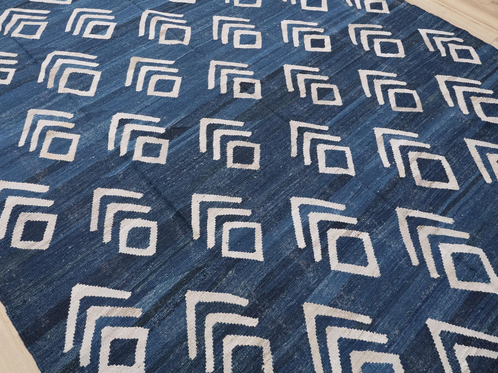 8x10 Ft Blue Kilim Rug - Handmade Afghan Flat Weave