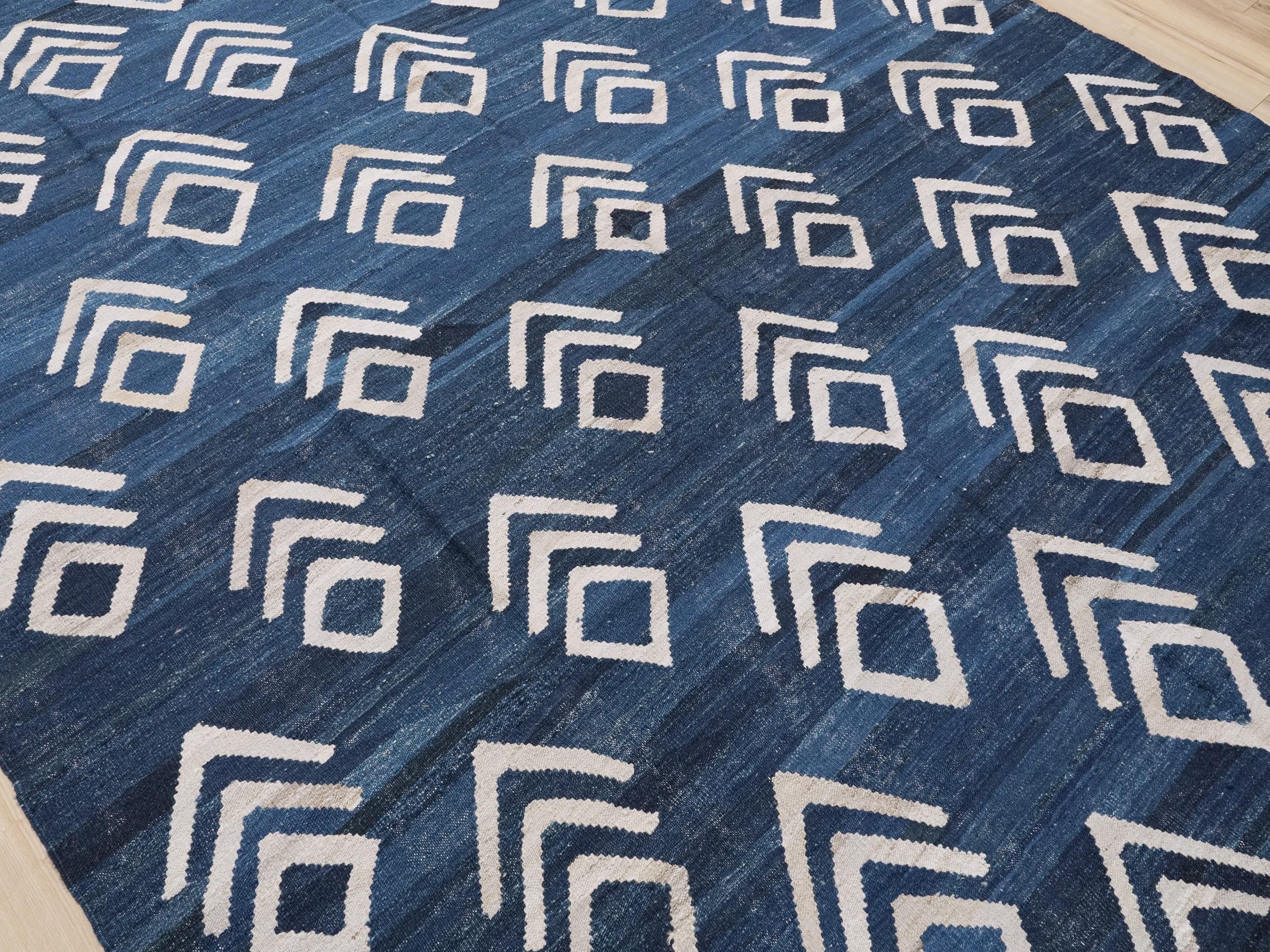 8x10 Ft Blue Kilim Rug - Handmade Afghan Flat Weave
